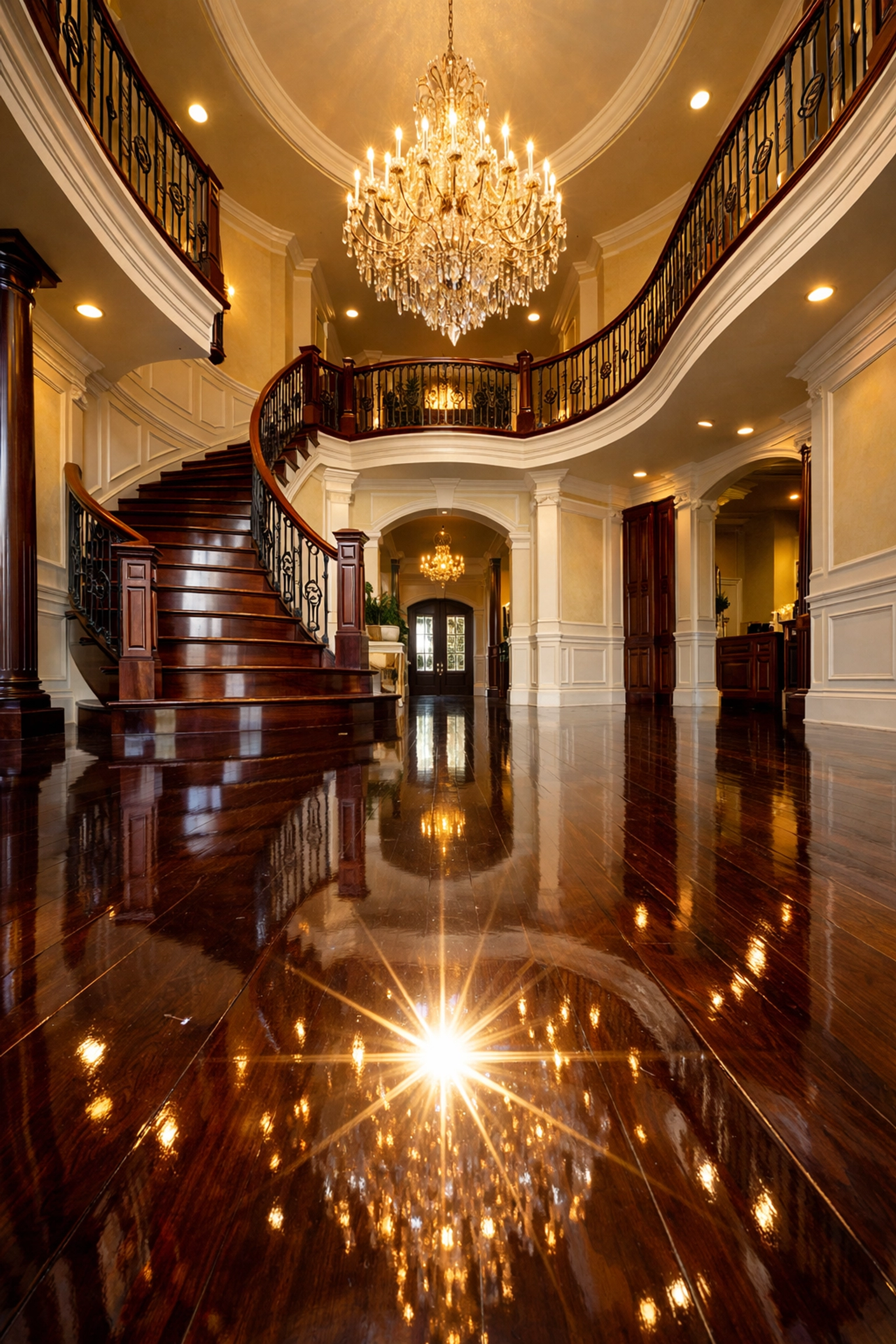 Stunning grand foyer with polished mahogany hardwood floors after a premium luxury house cleaning in Sudbury.
