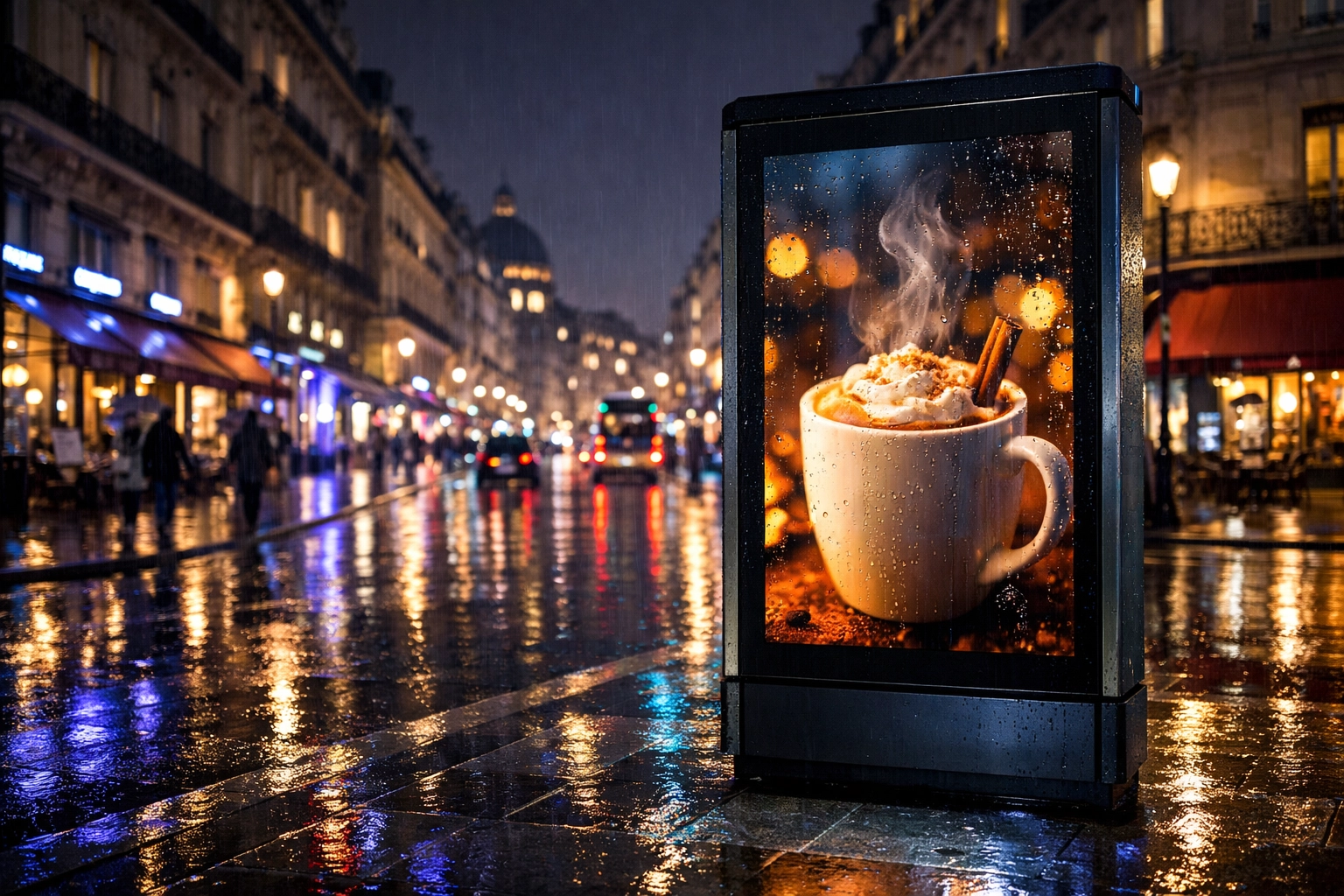 A digital kiosk on a rainy European street displaying a weather-triggered ad for a warm beverage.