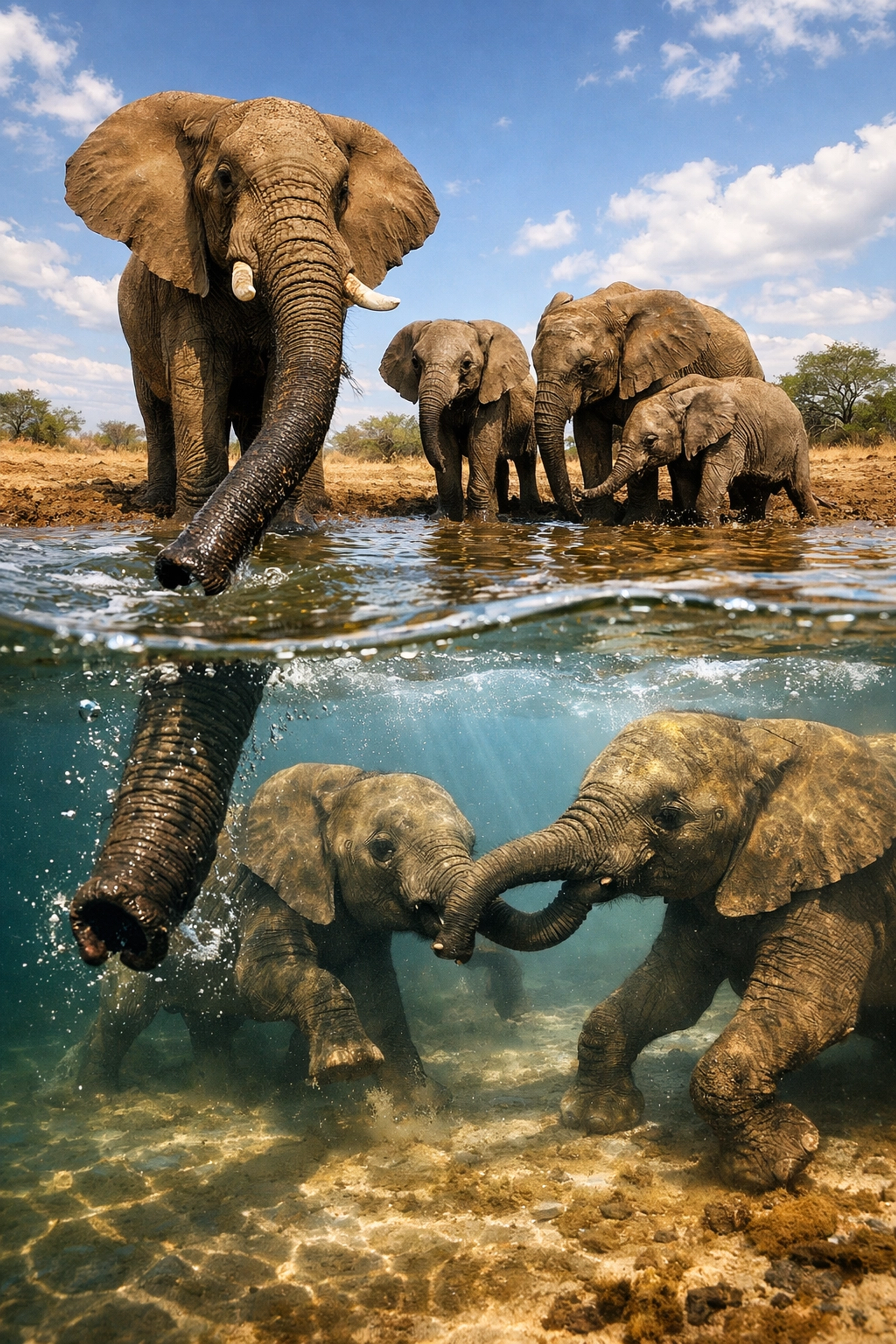African elephant family at watering hole demonstrating social bonds and conservation importance