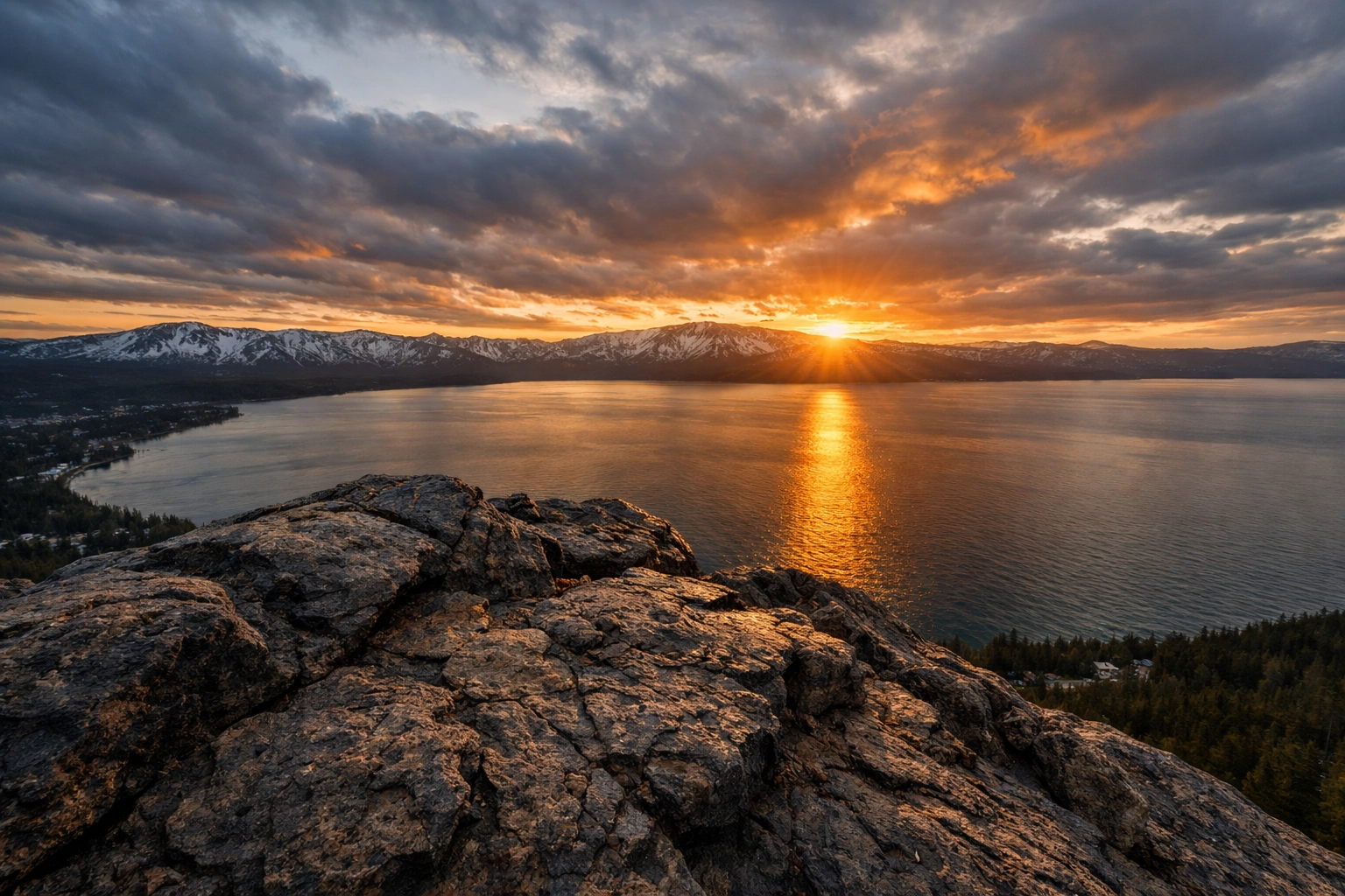 Panoramic sunset view from Cave Rock summit, one of the best photo spots Lake Tahoe offers for landscapes.