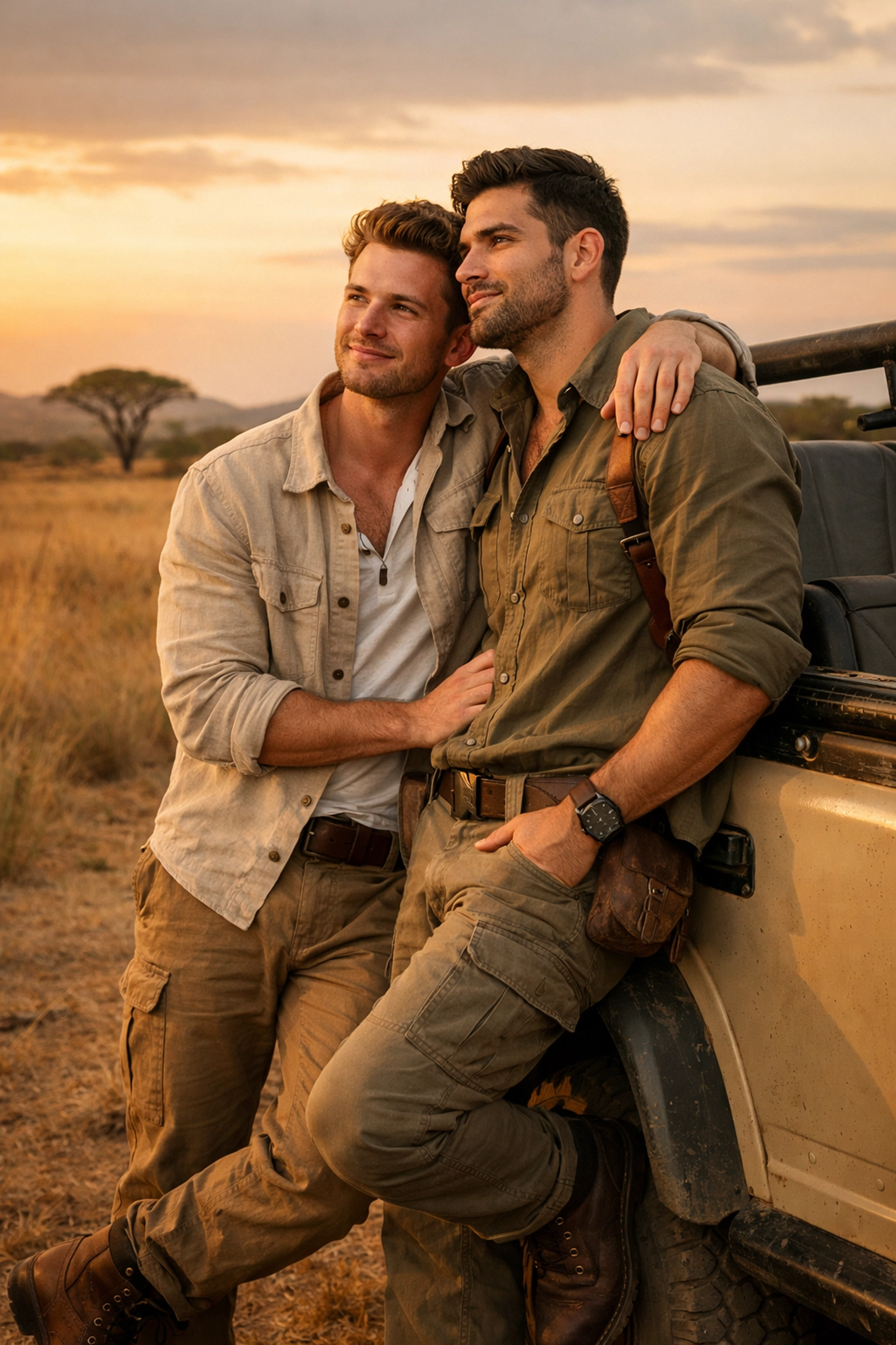 Romantic gay couple in safari gear embracing on the African savannah, inspired by MM romance novels.