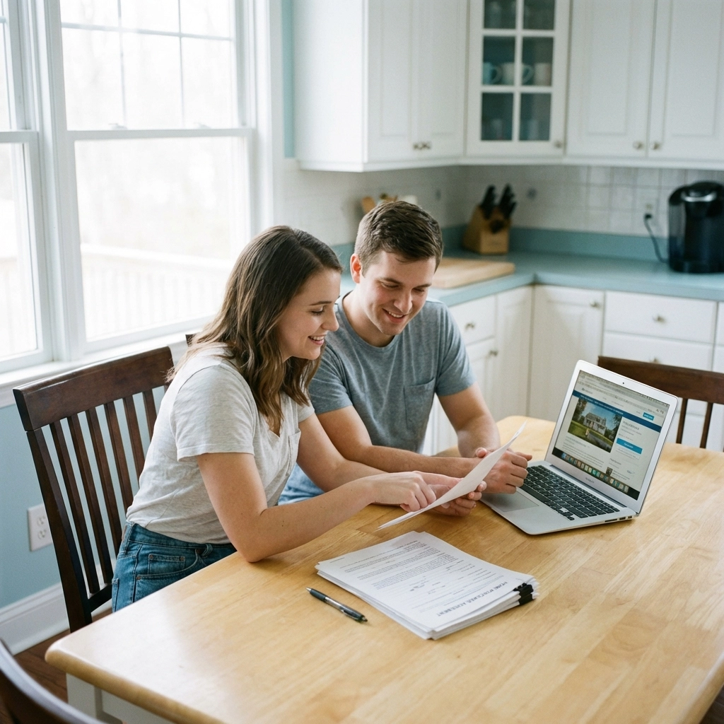 Young couple reviewing home purchase documents at a kitchen table, highlighting the importance of title insurance in PA and NJ real estate.
