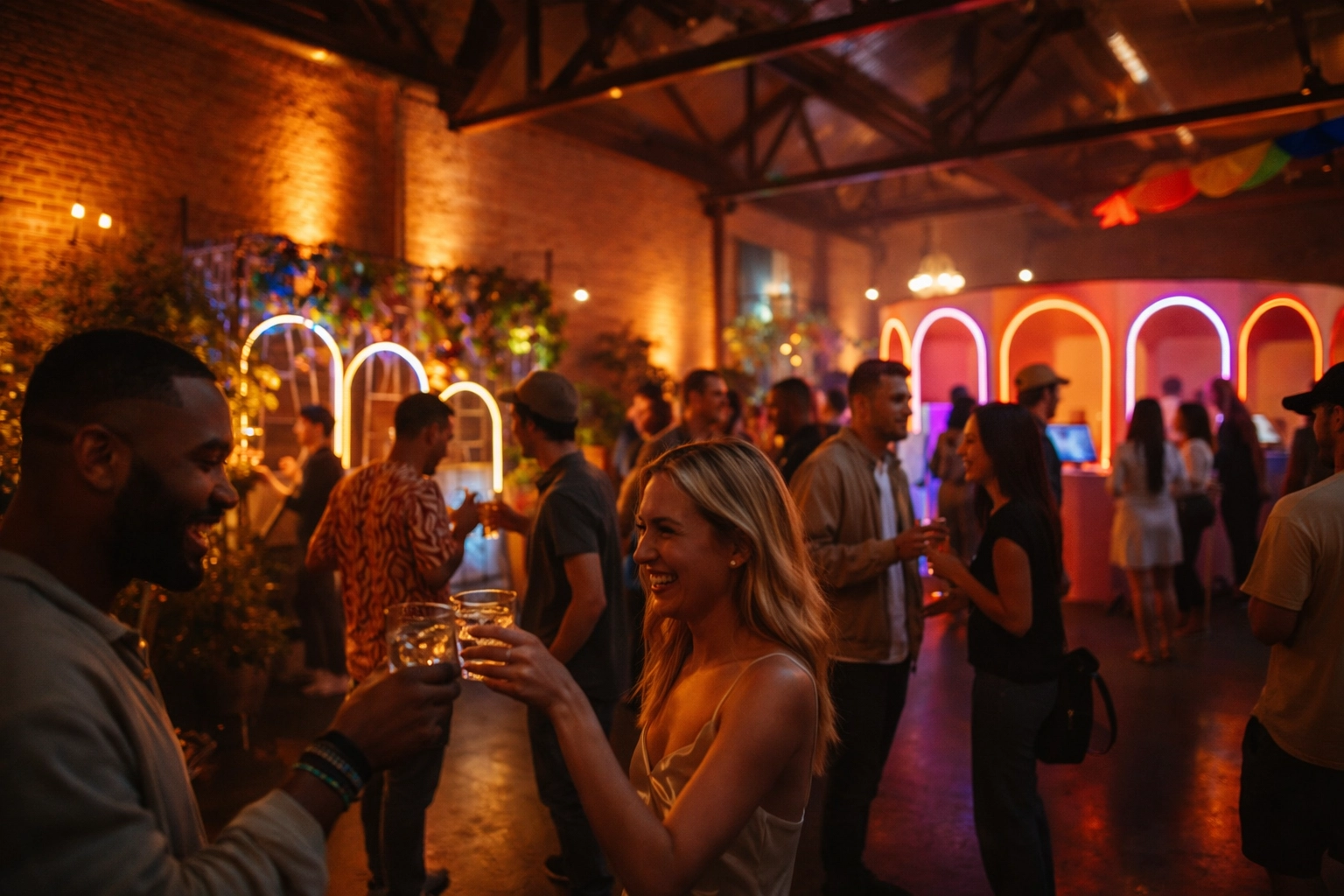 Guests interacting at an experience-first party in an industrial-chic San Francisco venue