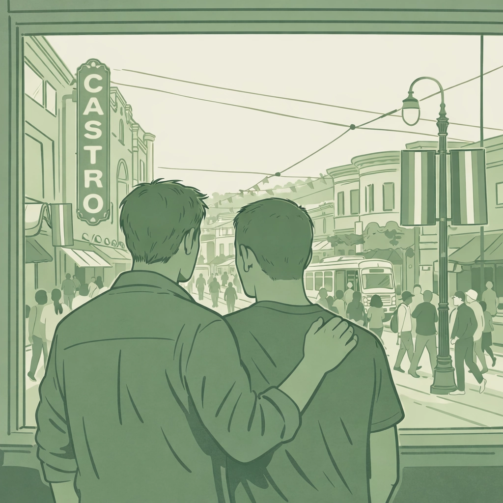 Two men viewing Castro Street through Twin Peaks Tavern's historic plate-glass windows