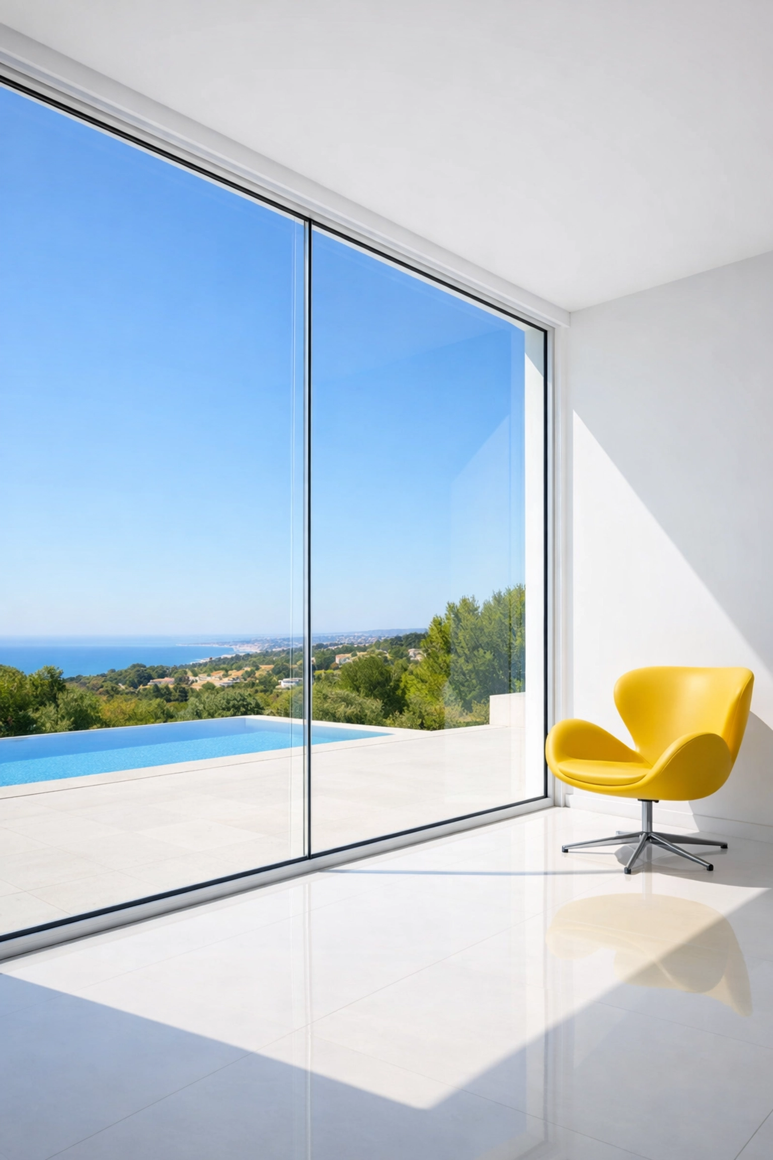 Spotless floor-to-ceiling windows following post-construction sticker and glue cleanup.