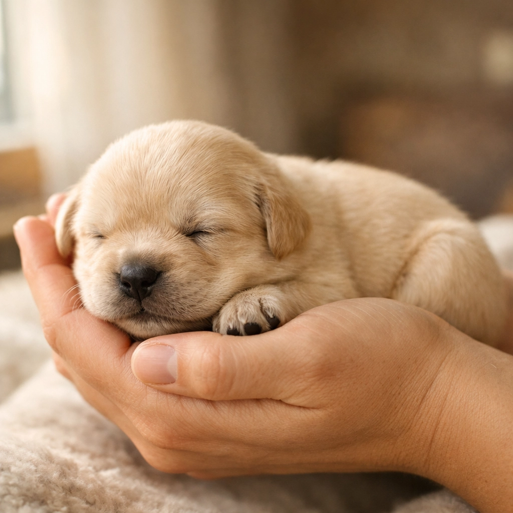 Newborn health tested Golden Retriever puppy in Boring Oregon handled to develop a calm temperament for therapy work.