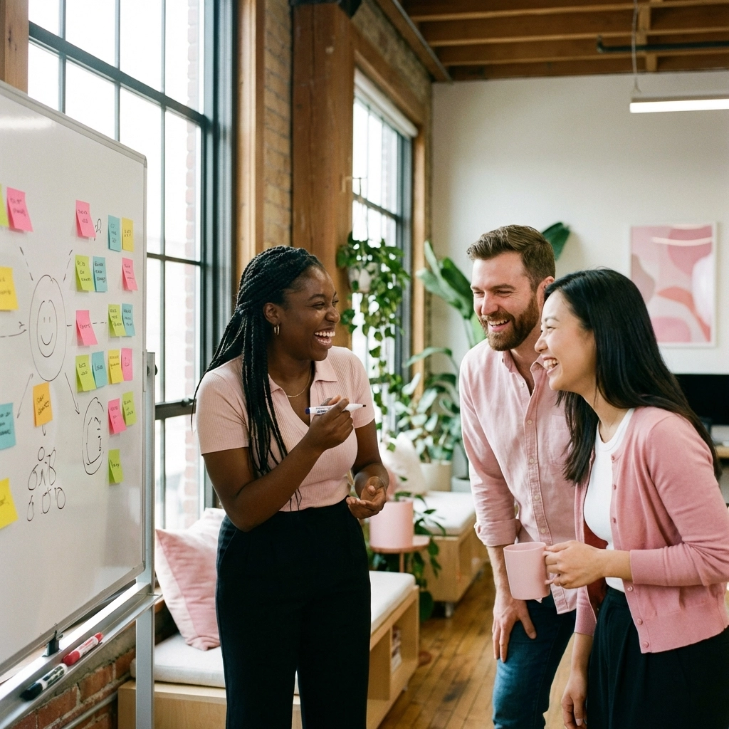 Diverse coworkers brainstorming around a whiteboard, illustrating authentic brand voice in social media marketing.