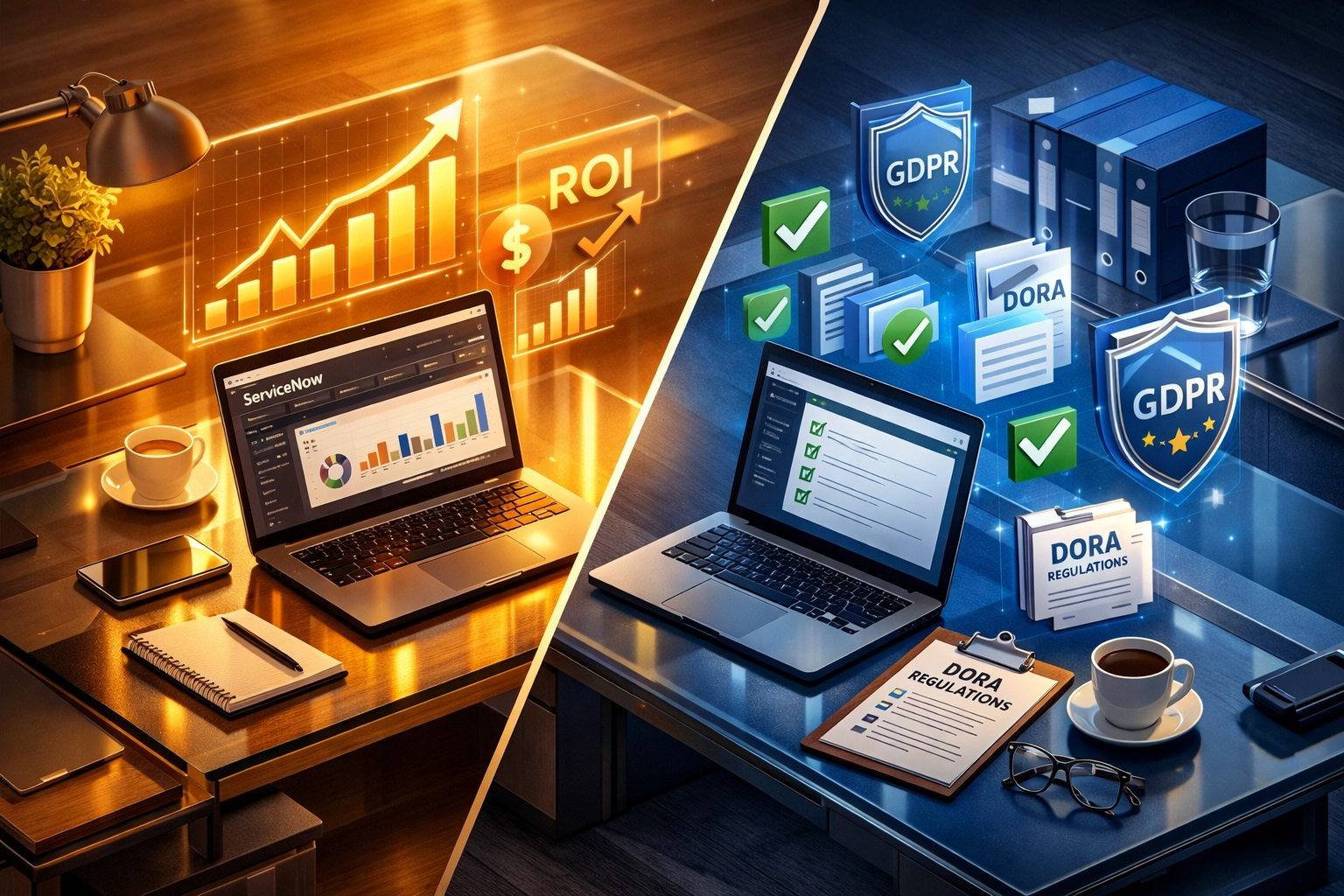 ServiceNow implementation workspace split view showing ROI metrics versus compliance frameworks