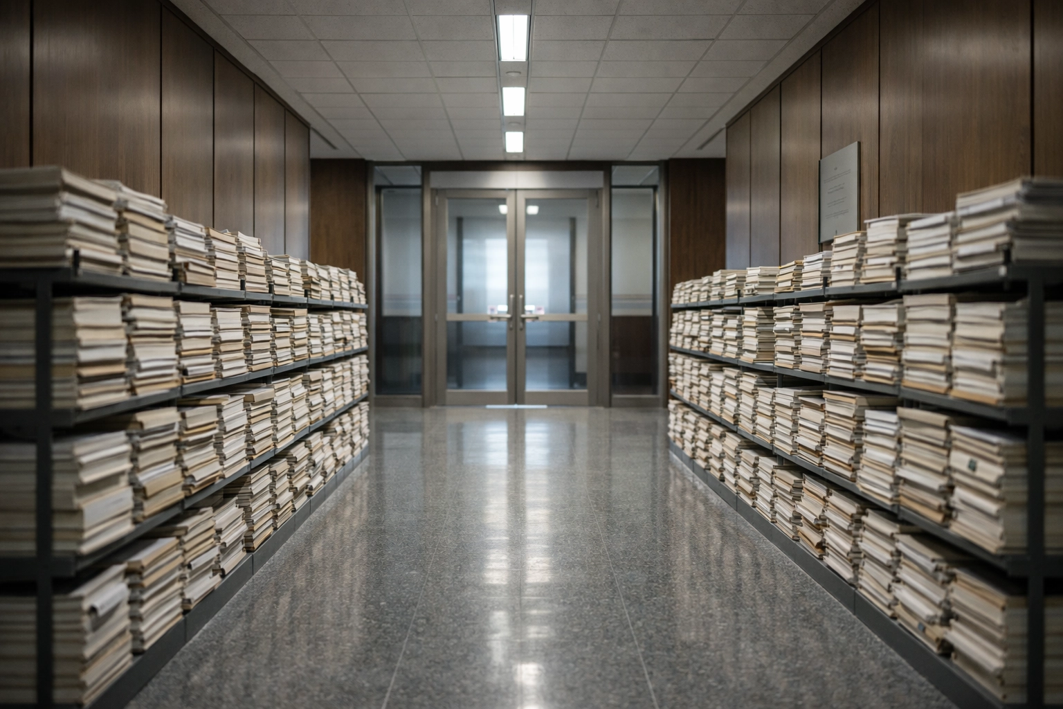 Legal files lining a modern courthouse hallway, representing systemic delays and data needs in Canadian bail reform.