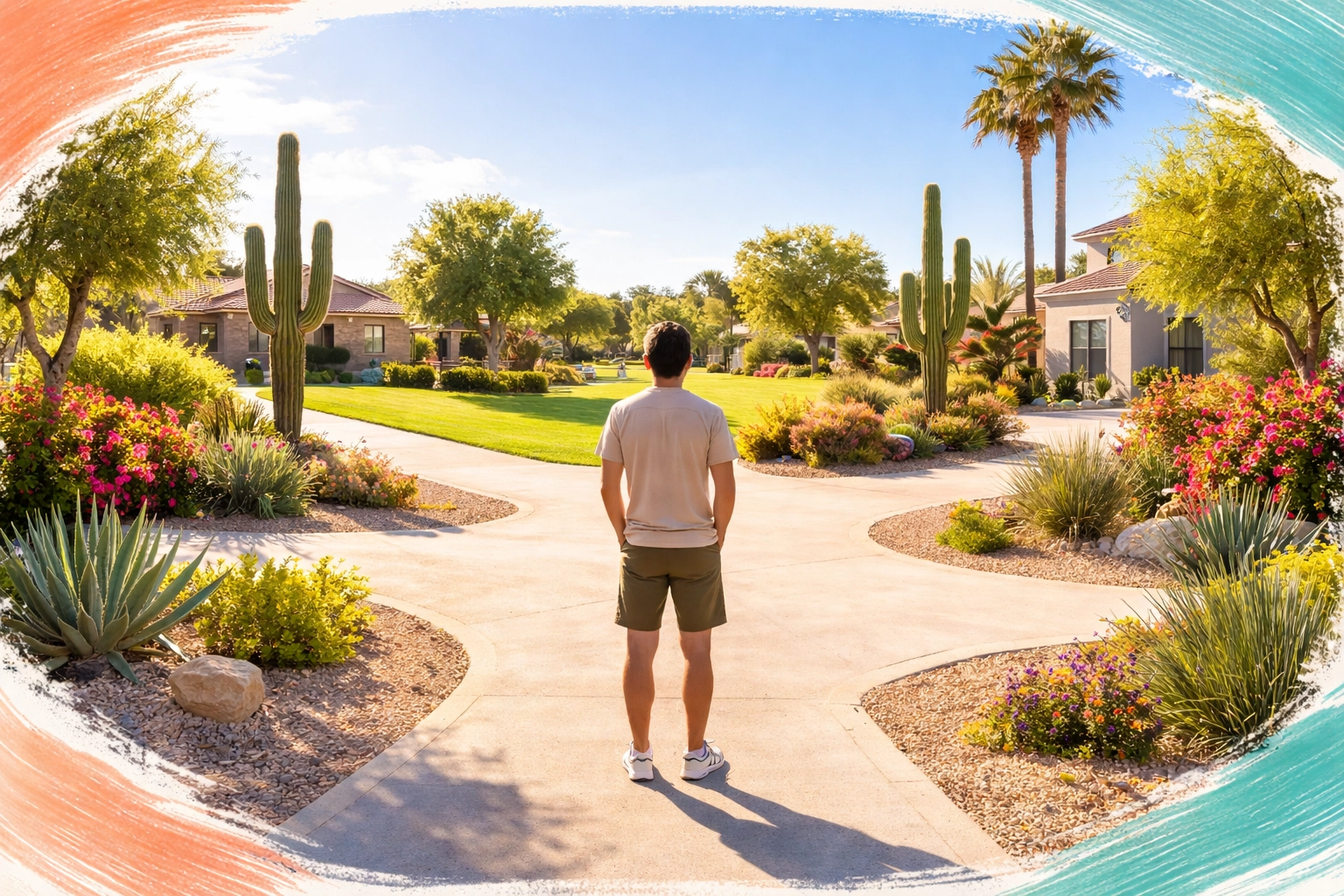 Person calmly considering multiple home options at a crossroads in a sunny Arizona neighborhood, illustrating wise real estate choices