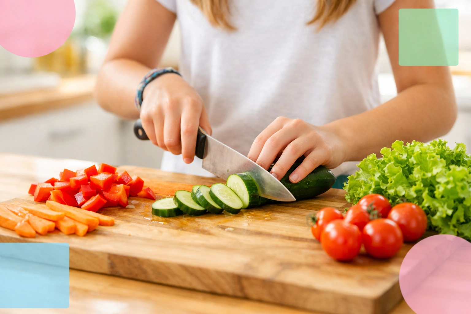Teen learning cooking skills by chopping fresh vegetables in kitchen for independence