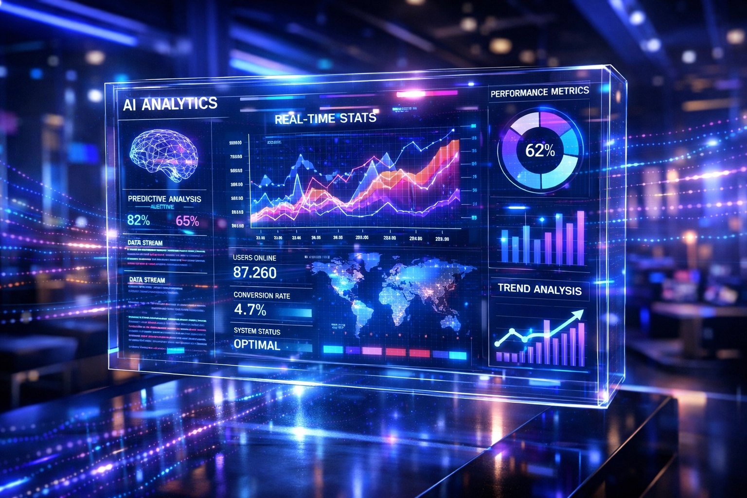 Holographic display showing real-time venue analytics and AI-powered advertising insights