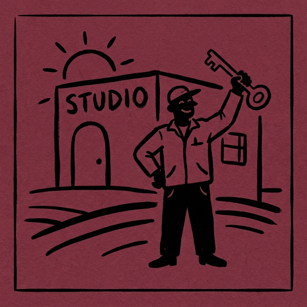 A proud creator stands with a key before their new studio, illustrating achieving ownership through IncluHub's support.