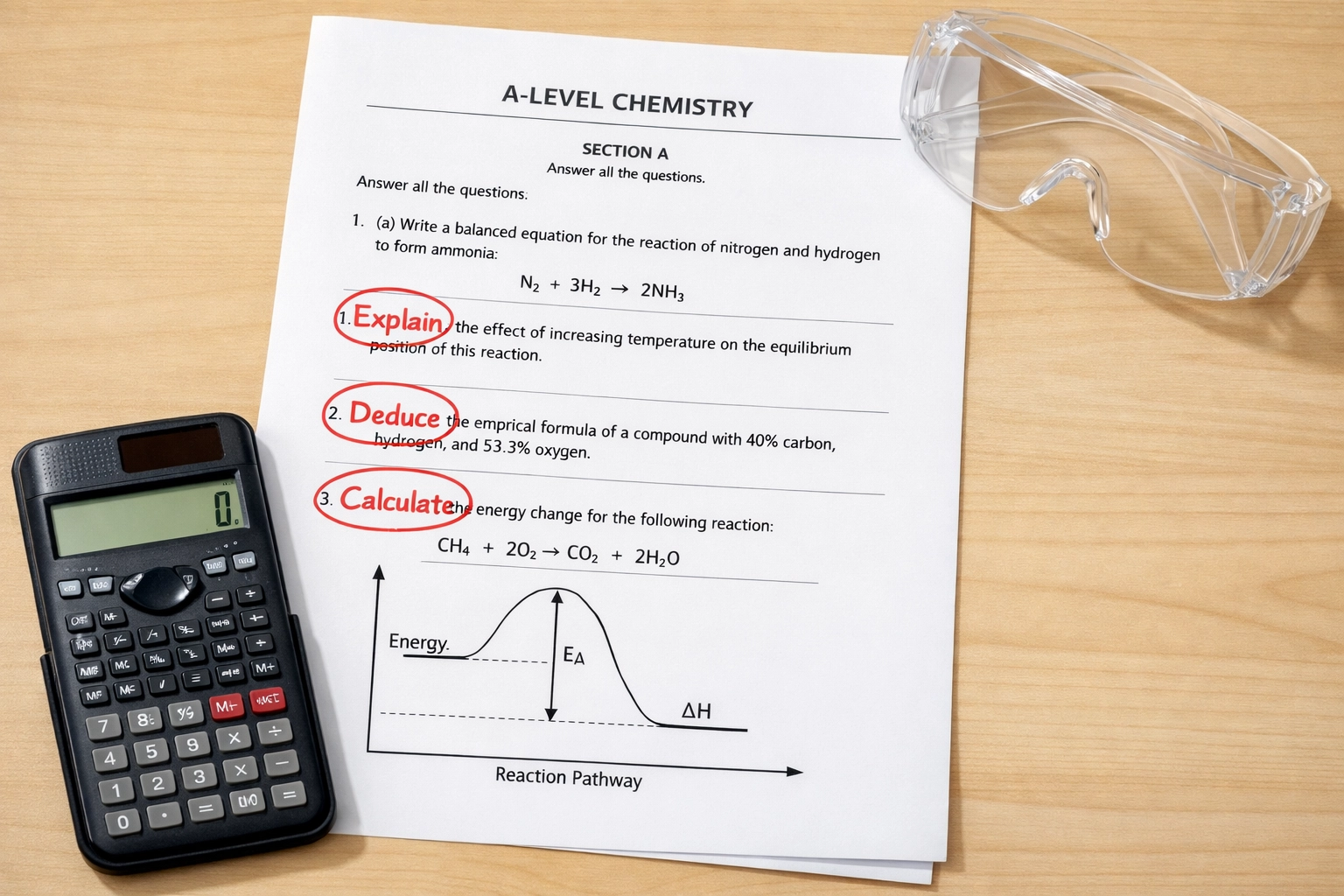 A Level Chemistry exam paper with circled command words and calculator on a study desk.