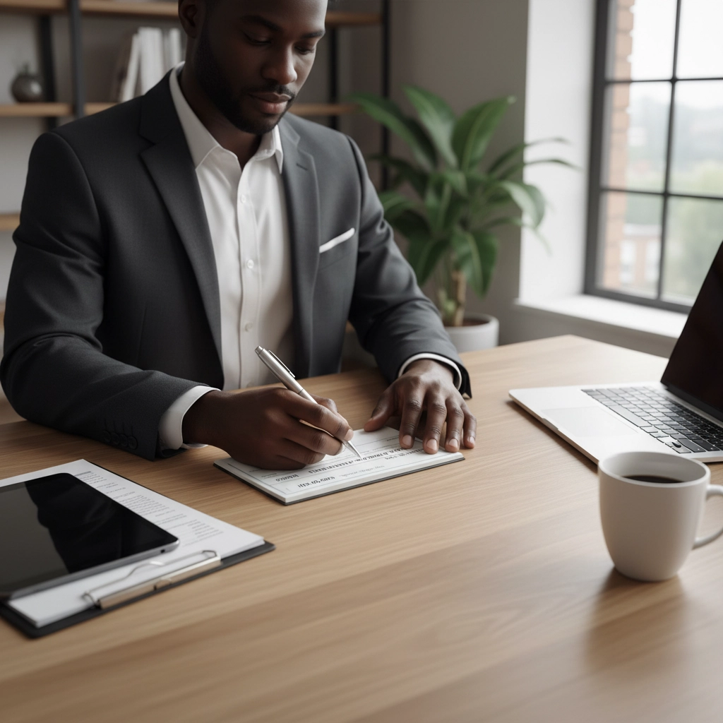 A man sitting on his desk and holding a pen