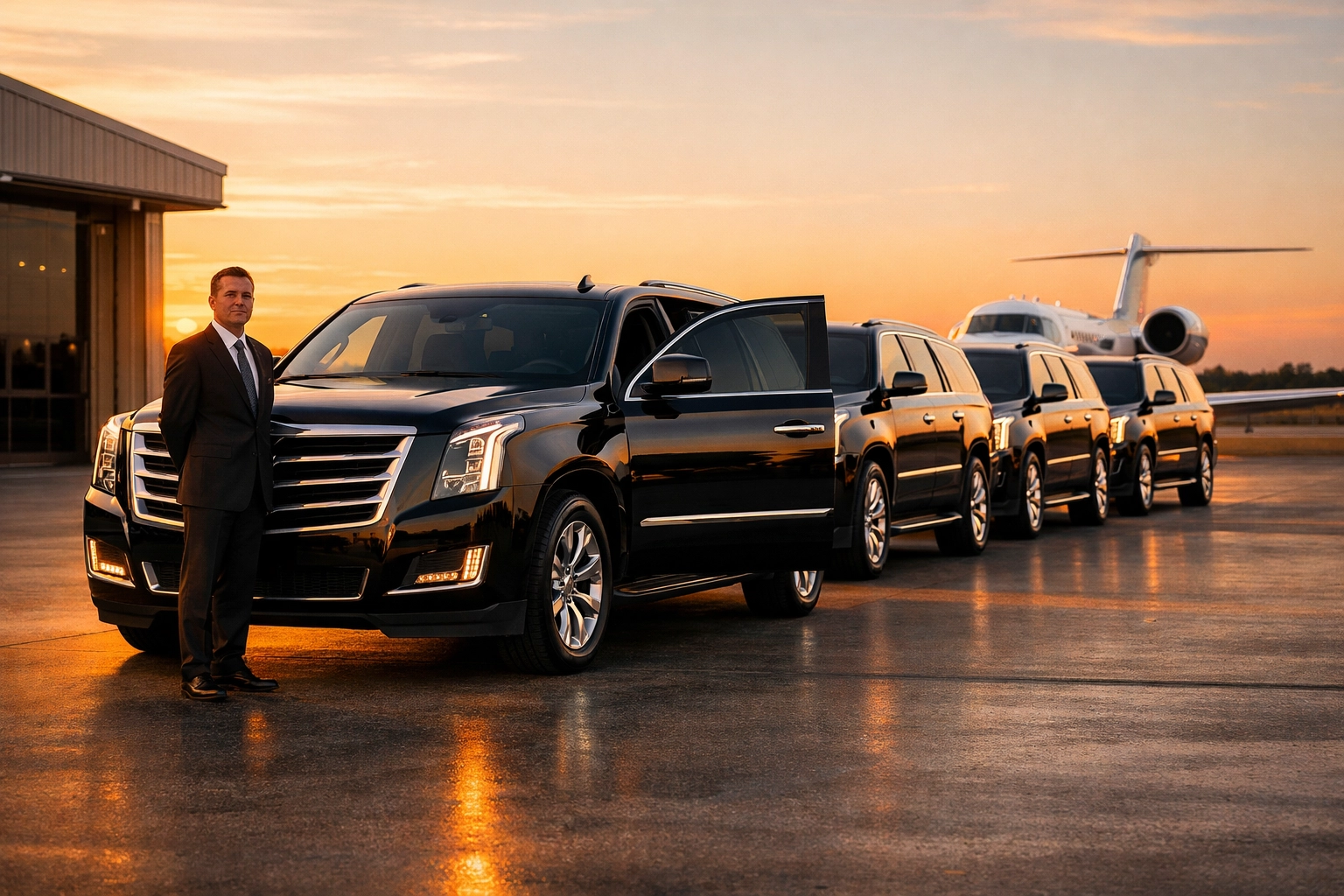 Luxury executive SUVs at a private terminal showing seamless corporate logistics for VIP networking.