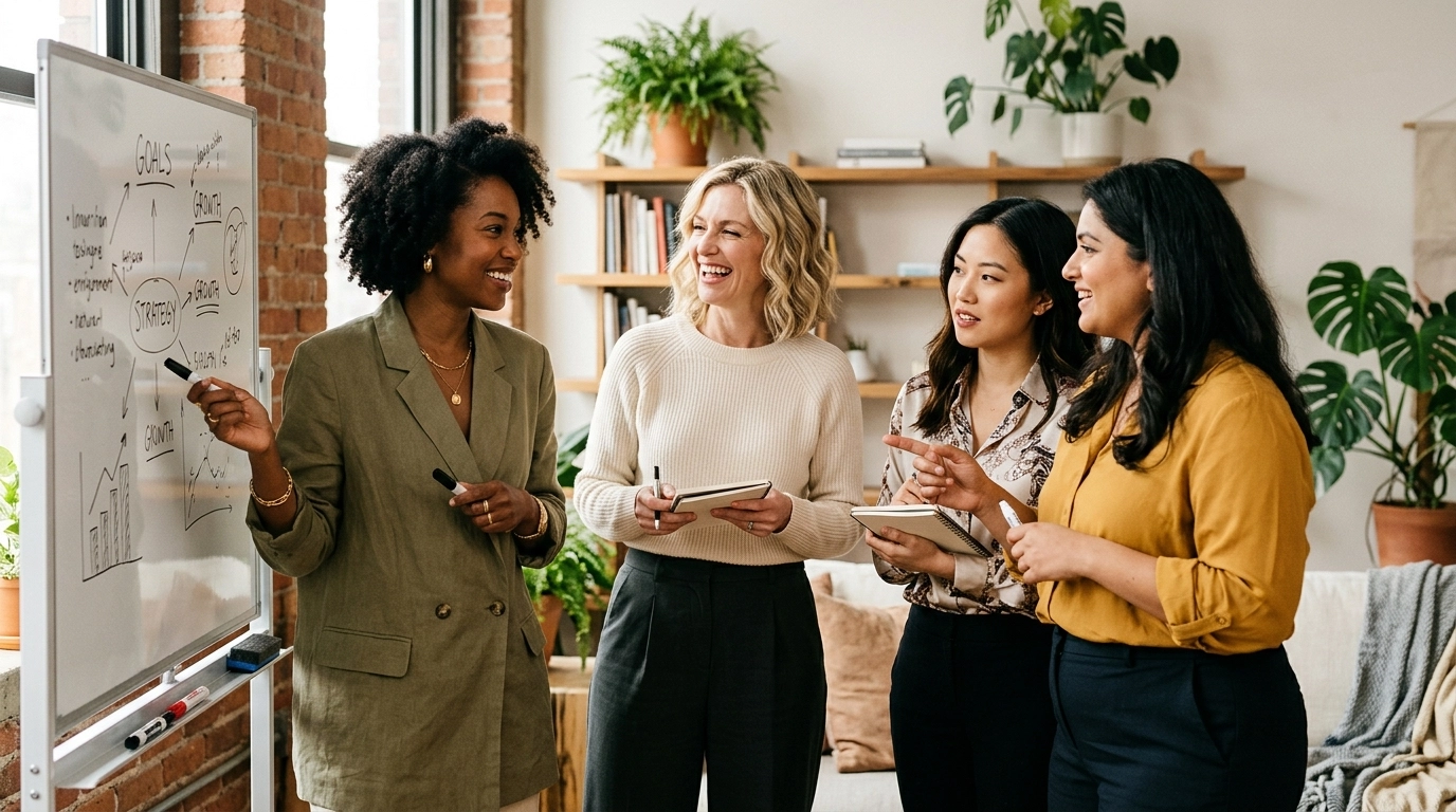 A diverse coaching workshop of professional women of various races and body shapes, gathered in relaxed, authentic interaction around a whiteboard in a chic studio with warm natural light and a premium casual elegant lifestyle aesthetic.