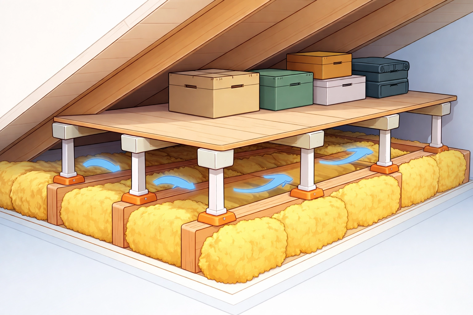 Cross-section of a loft leg system with raised boards above full 270mm loft insulation for optimal storage and energy savings.