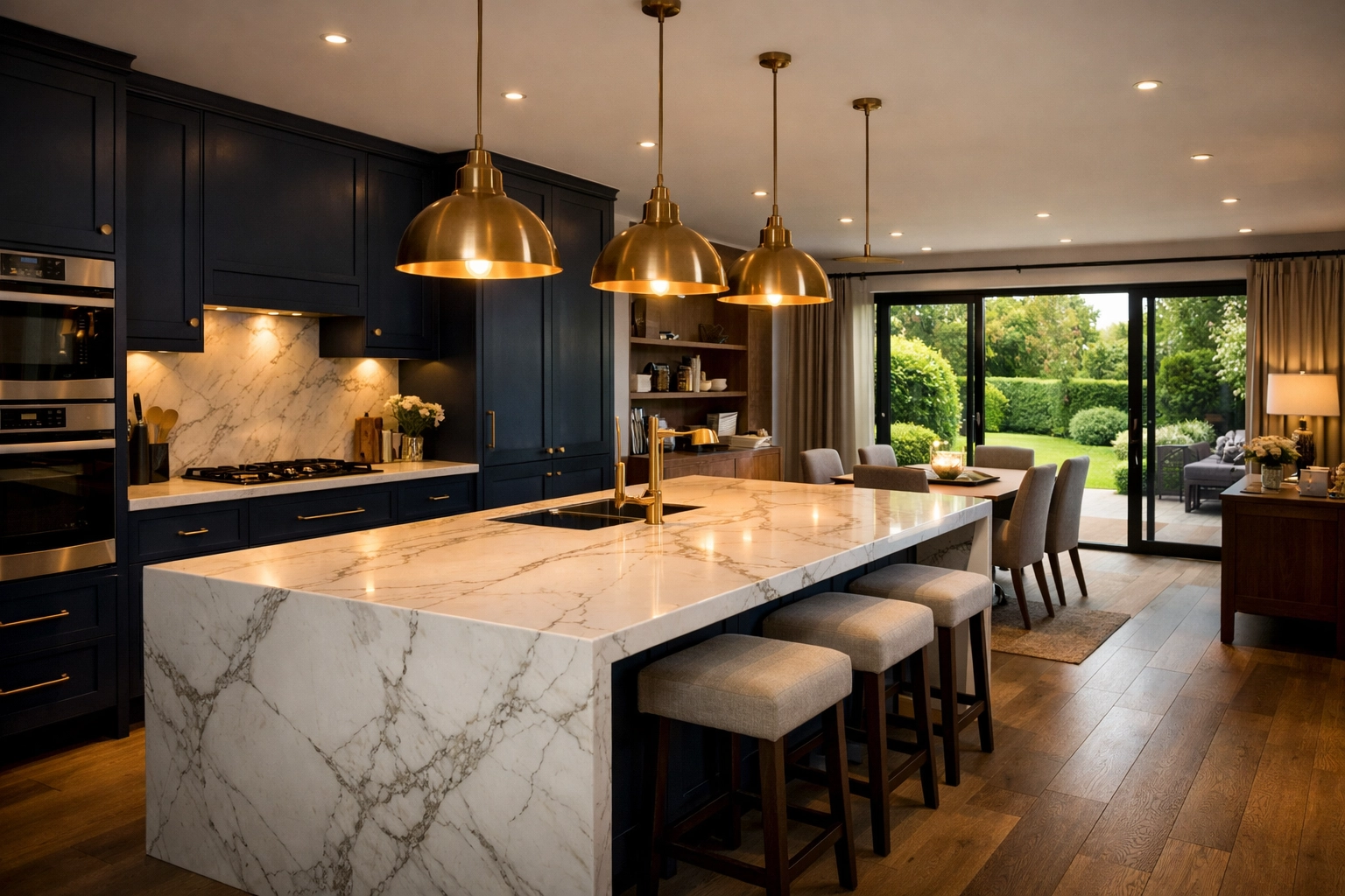 Modern open-plan kitchen renovation in Chichester featuring a marble island and navy cabinetry.
