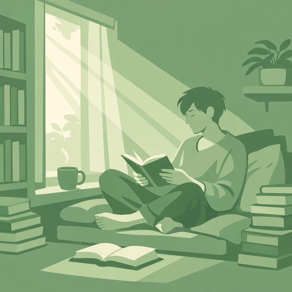 LGBTQ+ person reading in peaceful safe space practicing self-care and mental health healing