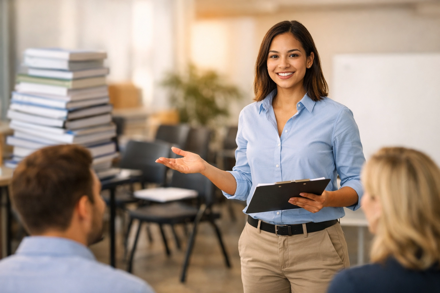 Professional presenting to team demonstrating efficient talent training and onboarding