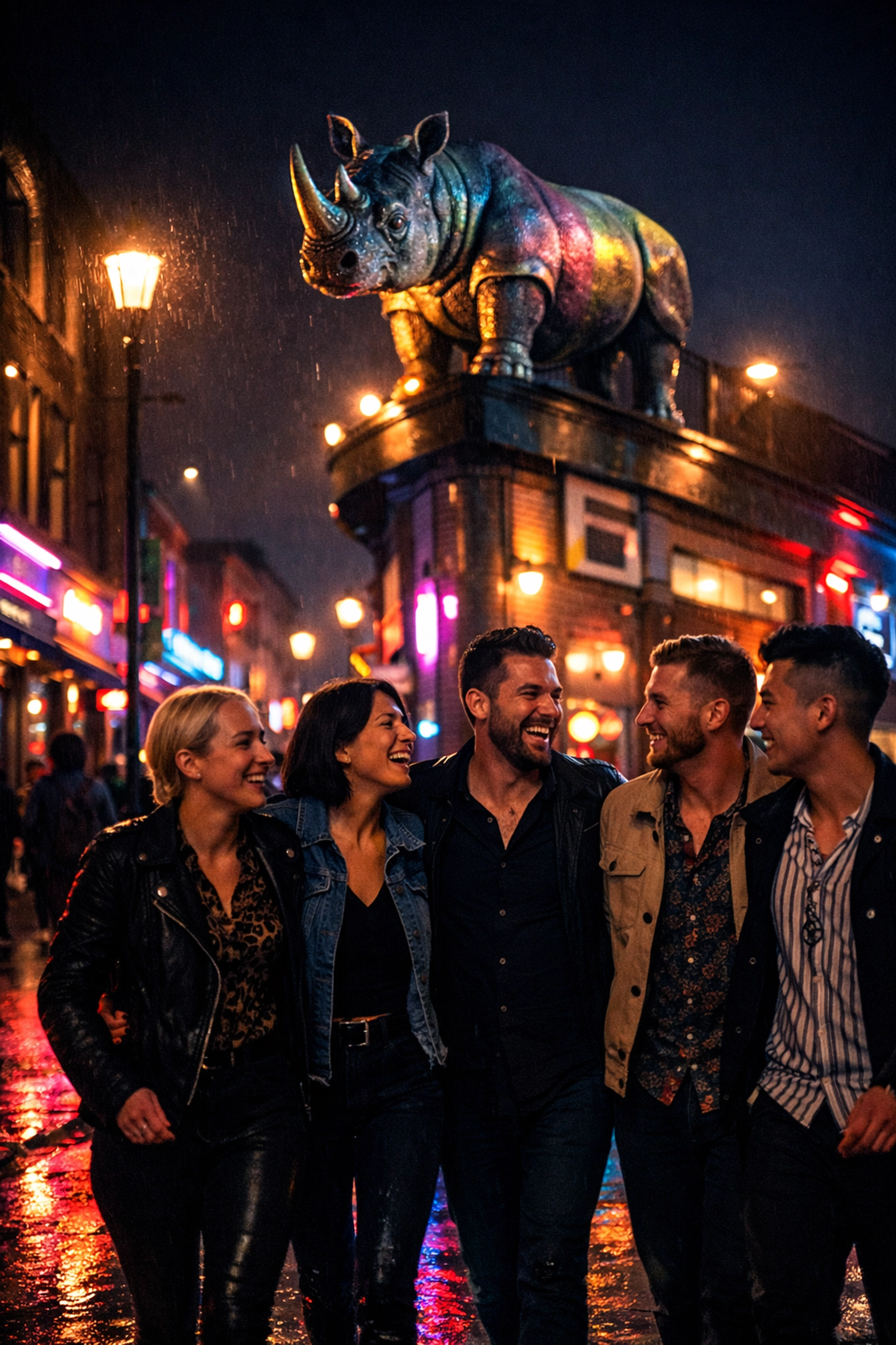 LGBTQ+ friends walking through Birmingham’s Gay Village on Hurst Street past the iconic rhinoceros gateway sculpture at night.
