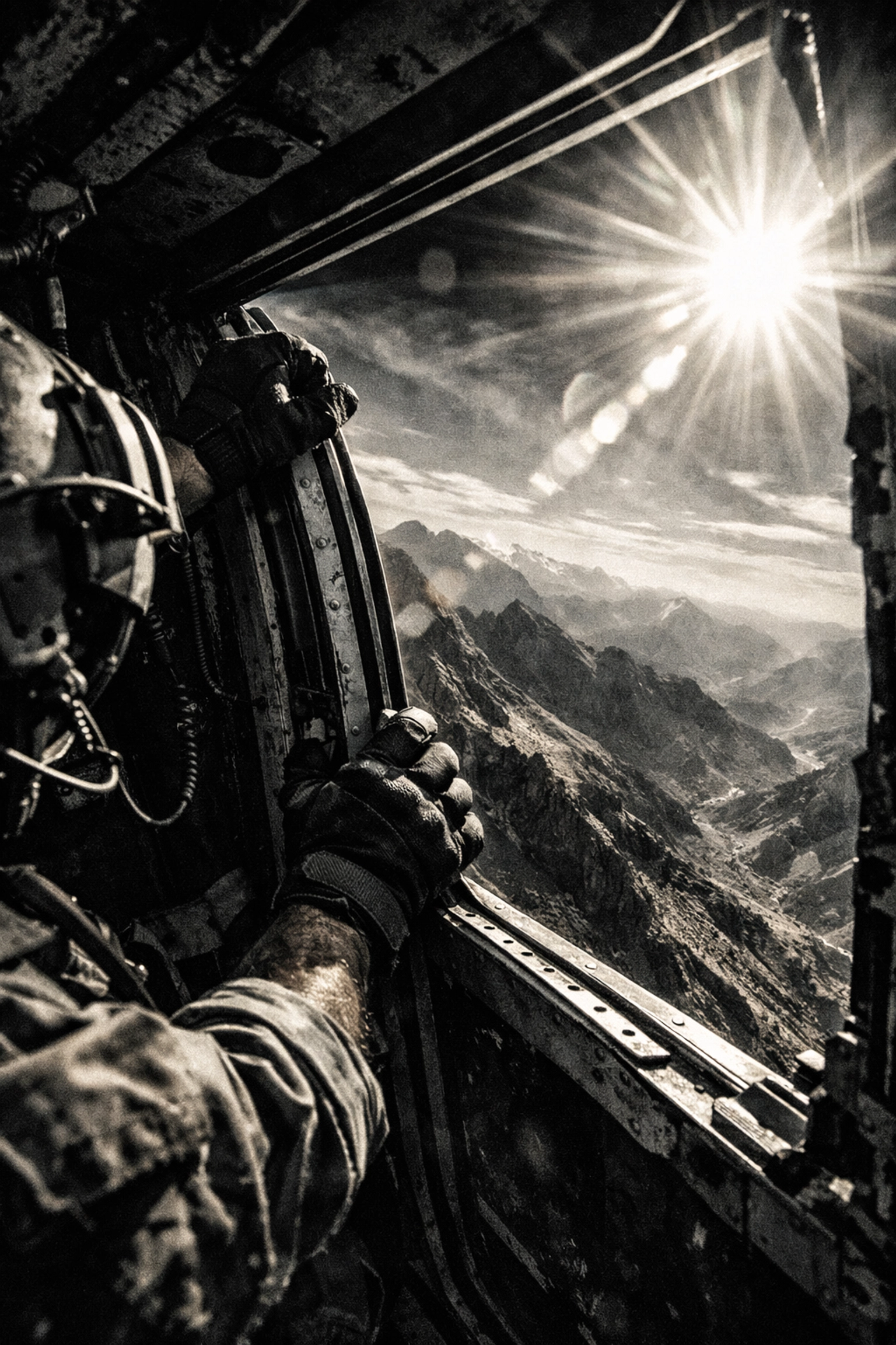 Helicopter crew chief view from open door over mountains showing the intensity of flight operations