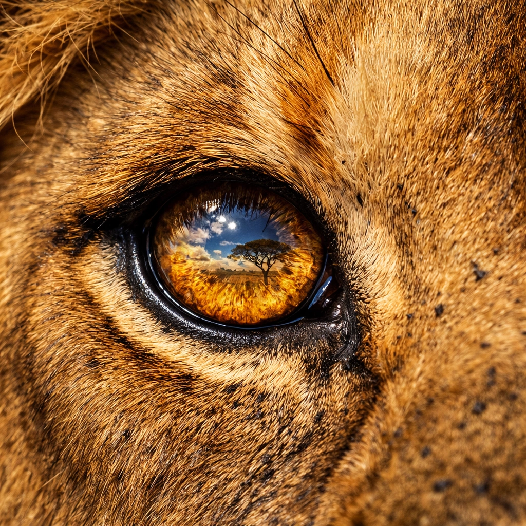 Detailed macro wildlife photography of a lion's eye showcasing texture after file compression.