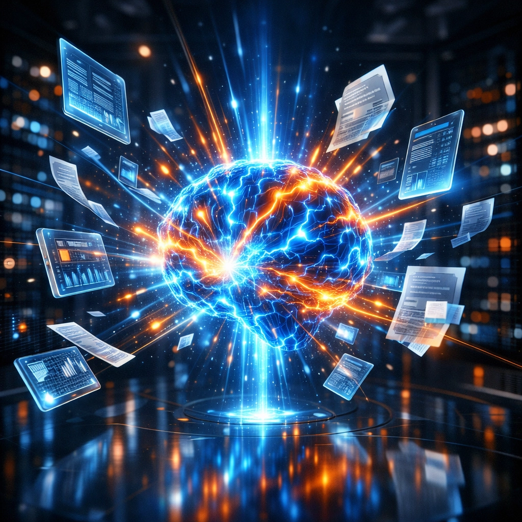 AI customer support chatbot processing digital business documents and knowledge base data for accuracy.