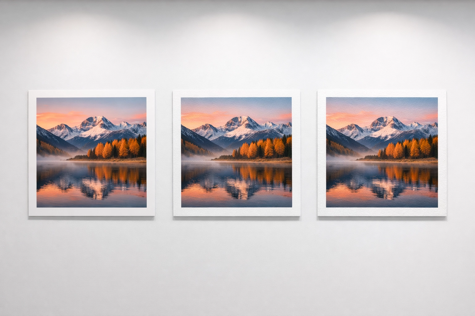 Three fine art prints showing matte, baryta, and textured paper differences