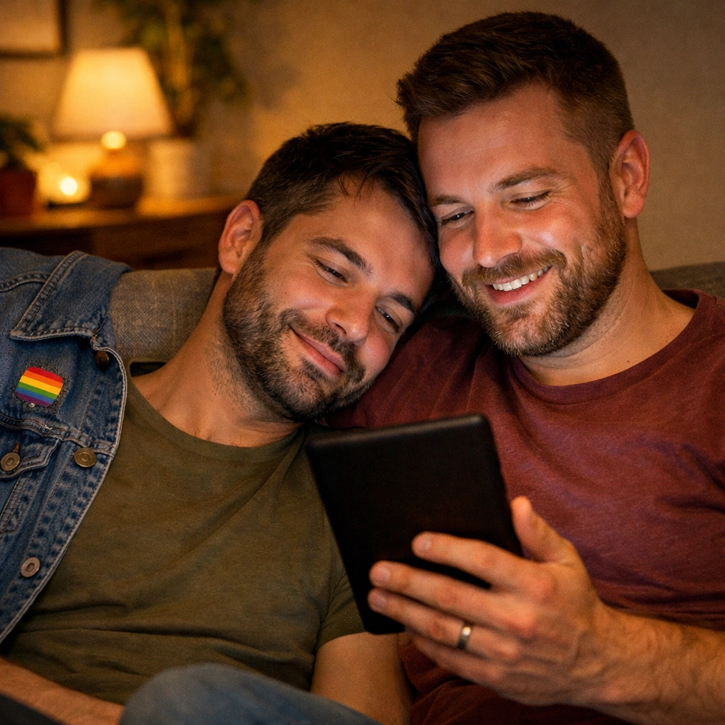 A gay couple reading LGBTQ+ ebooks together on a sofa, highlighting the joy of shared queer stories.