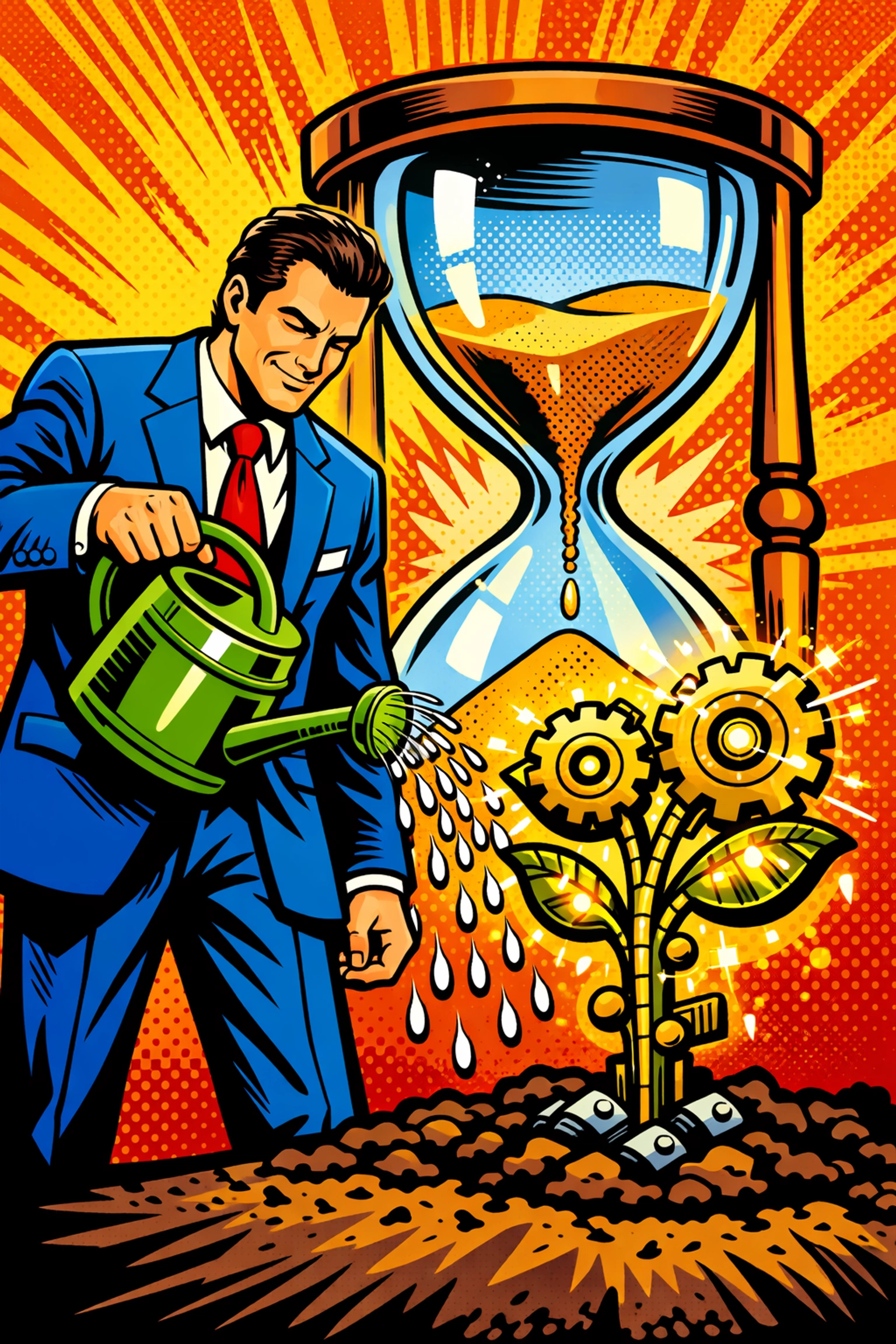 Entrepreneur watering a mechanical plant to show growth from AI business automation.