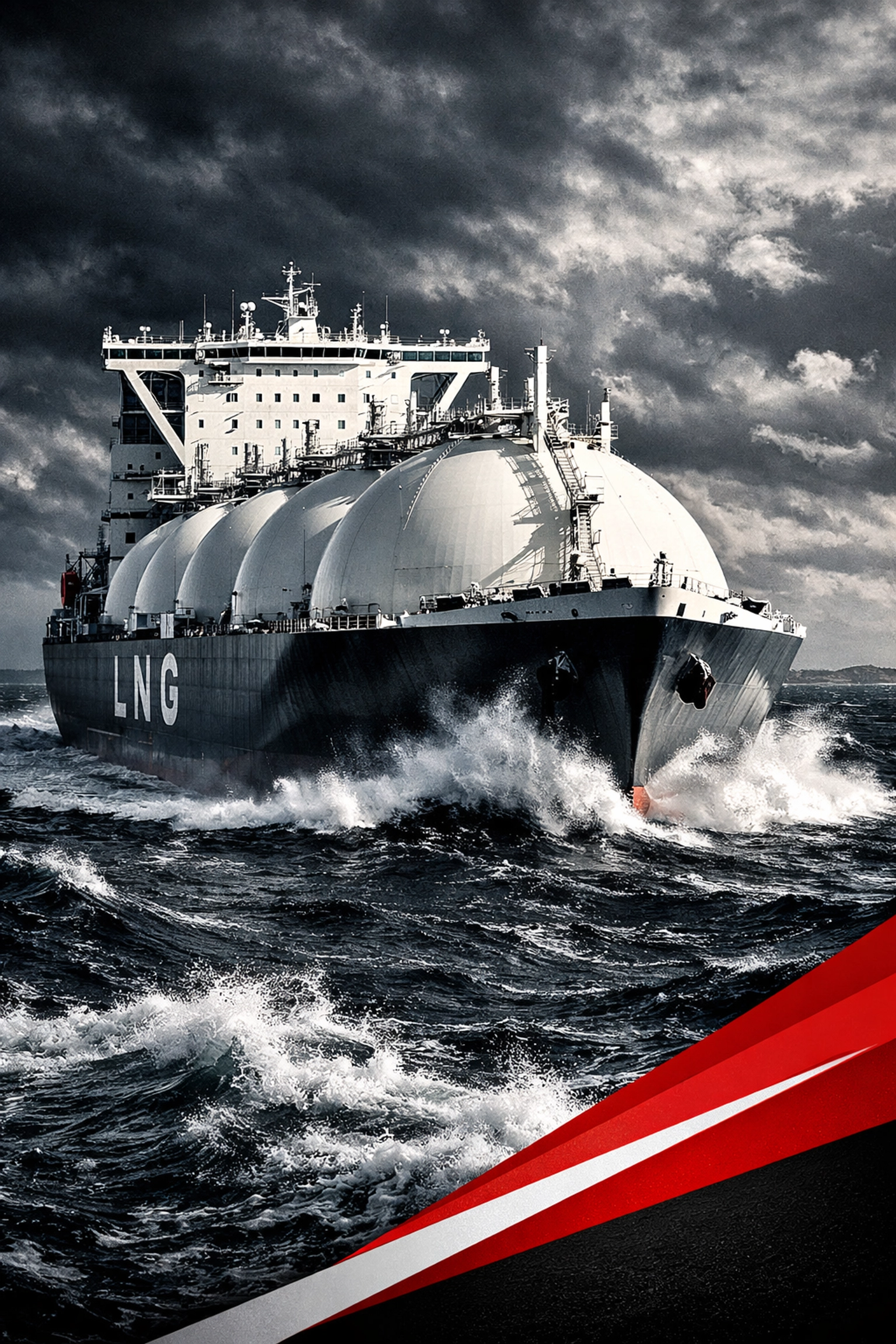 An LNG tanker ship traveling through Atlantic waters toward a terminal in Nova Scotia or New Brunswick.