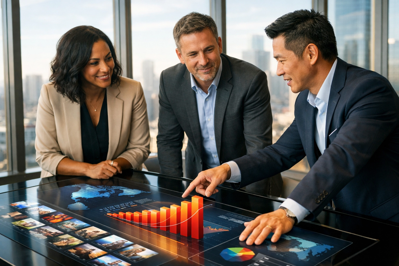 Corporate executives analyzing media asset performance metrics and strategic creative production data.