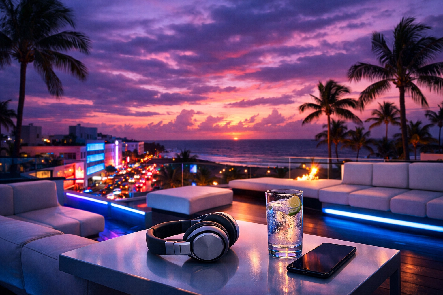 Modern smartphone on a South Beach rooftop in Miami during the UTC-5 Eastern Standard Time sunset.