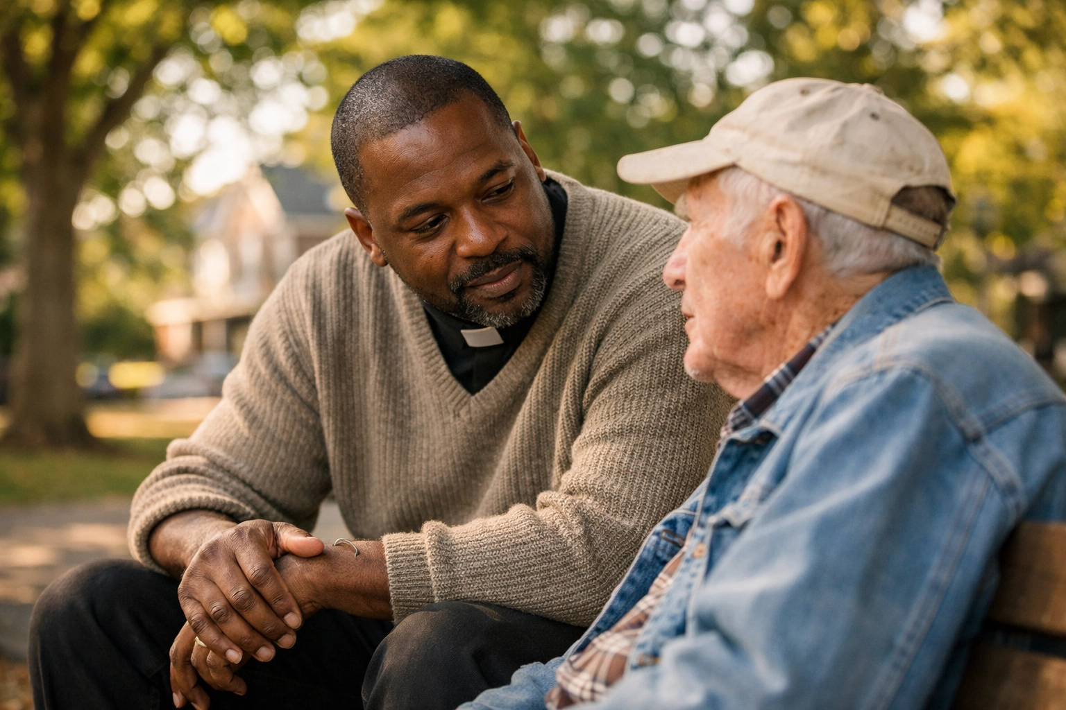 Black pastor talking with a community member, showing the human connection behind automated church outreach.