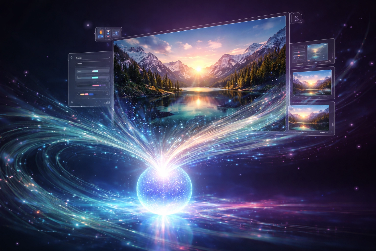 AI generating a custom brand image from digital data streams, enhancing web visuals quickly and uniquely