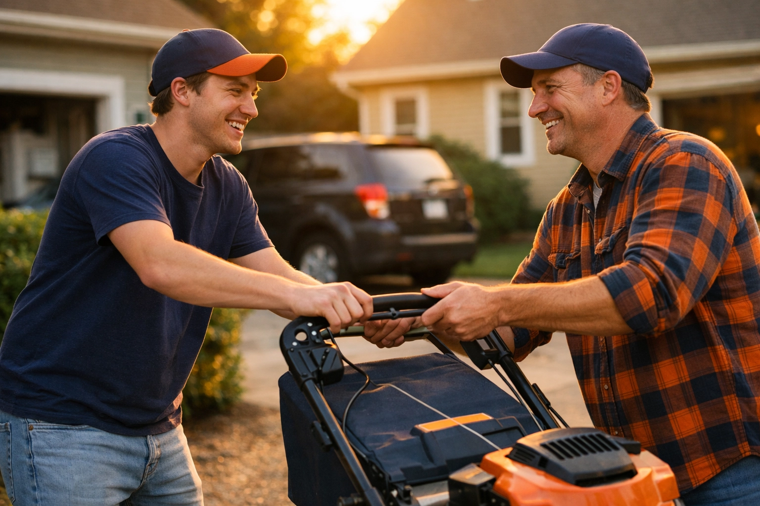 Neighbors sharing a lawnmower in driveway, demonstrating peer-to-peer rental community