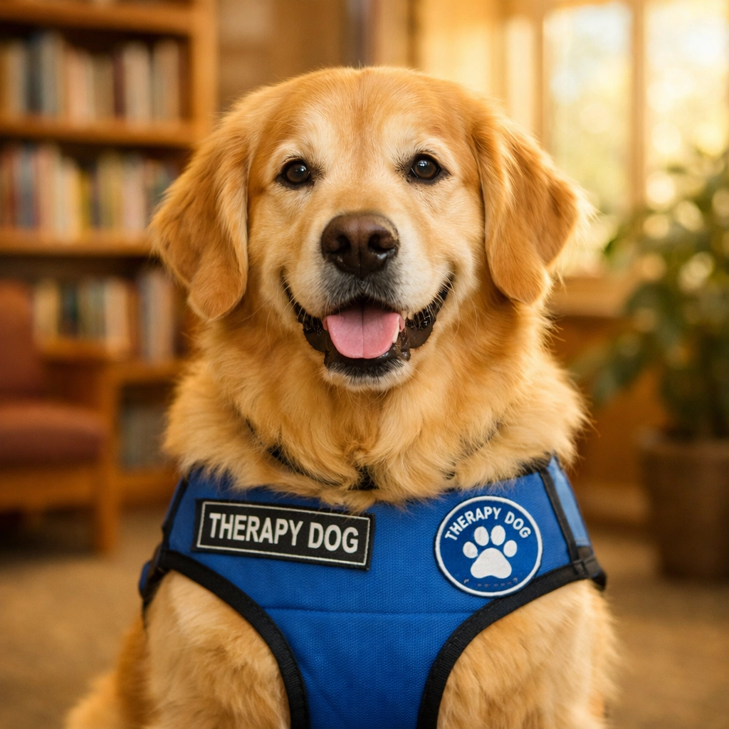NextGen Goldens therapy dog wearing a blue vest, sitting calmly in a welcoming community room.