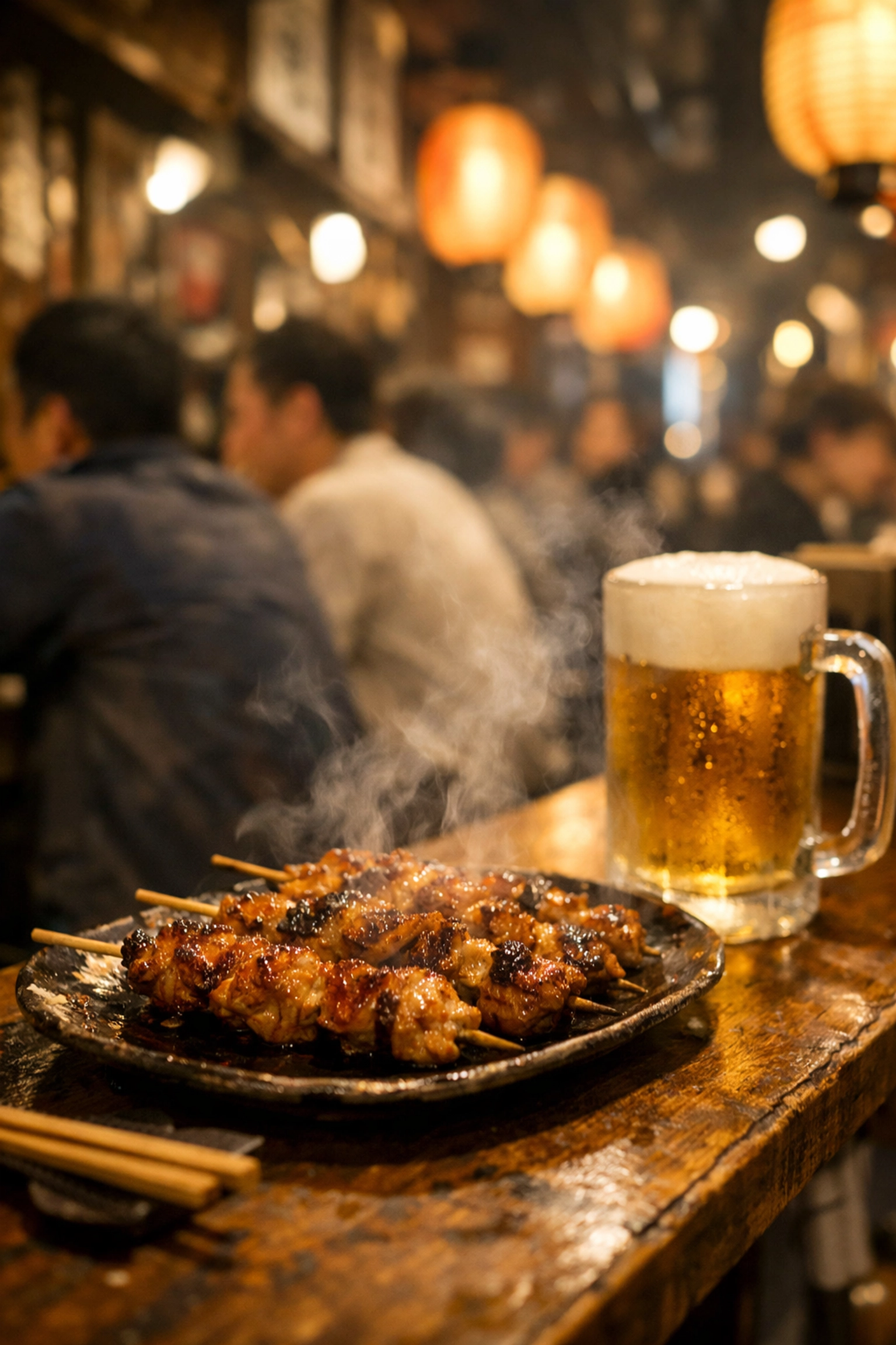 Freshly grilled yakitori skewers and cold beer at a traditional Shinjuku izakaya in Tokyo.