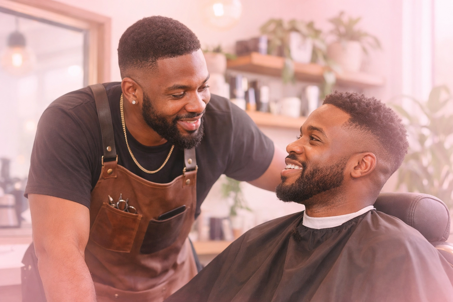 Barber and client in meaningful conversation about mental health in modern barbershop