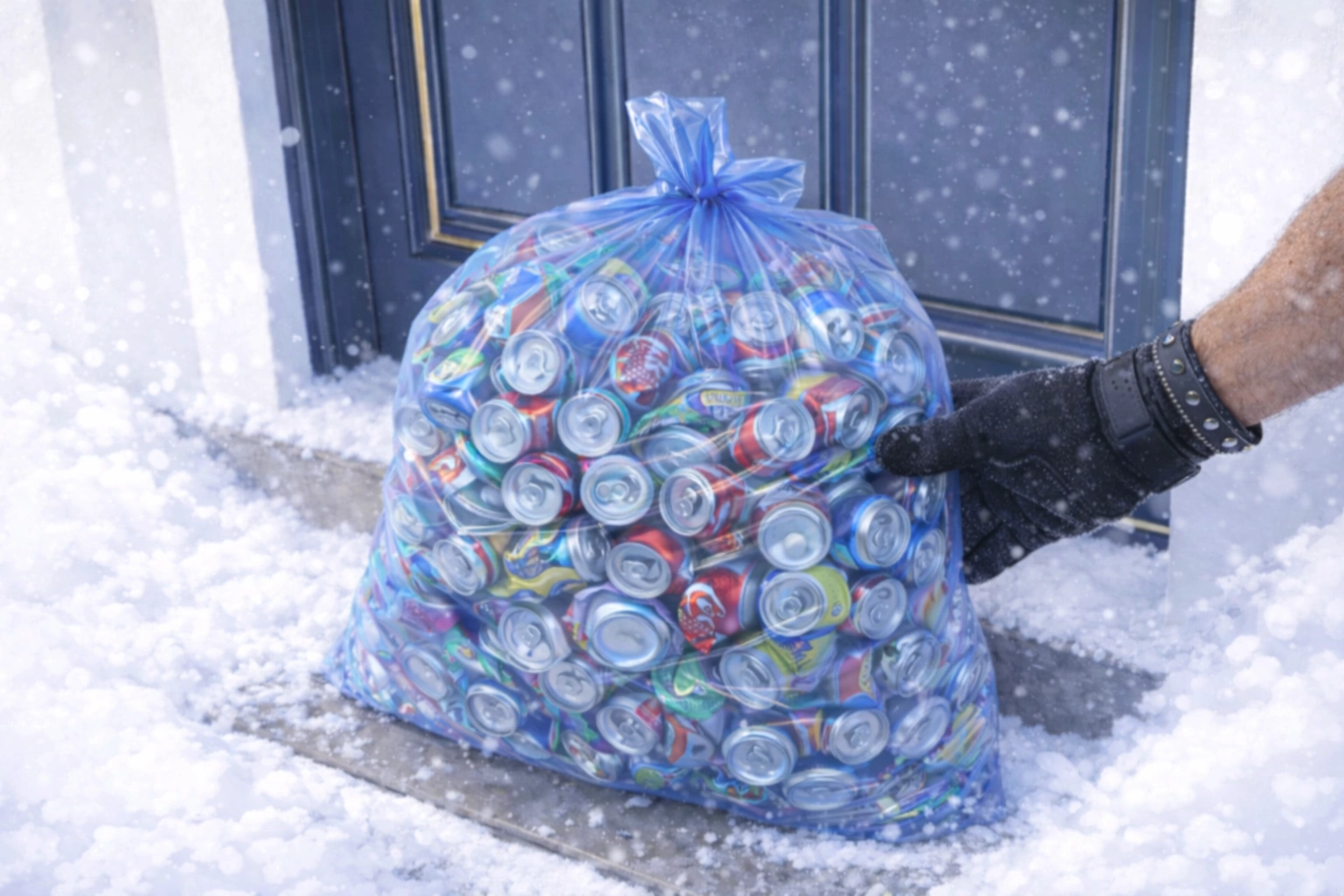 Blue recycling bag with cans on snowy doorstep