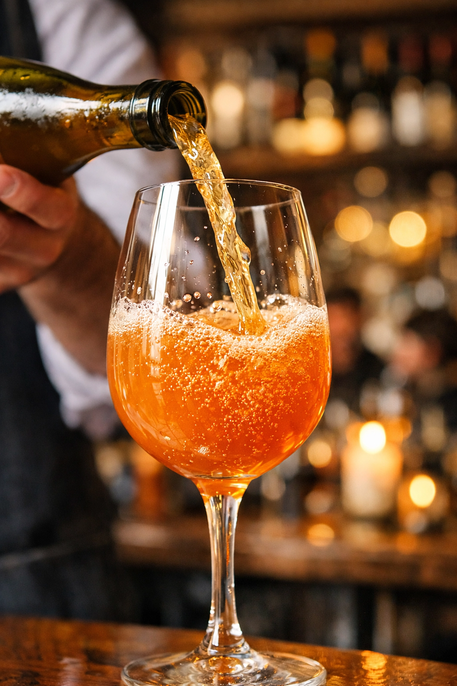 A glass of amber natural wine being poured in a cozy, candle-lit Montreal wine bar.