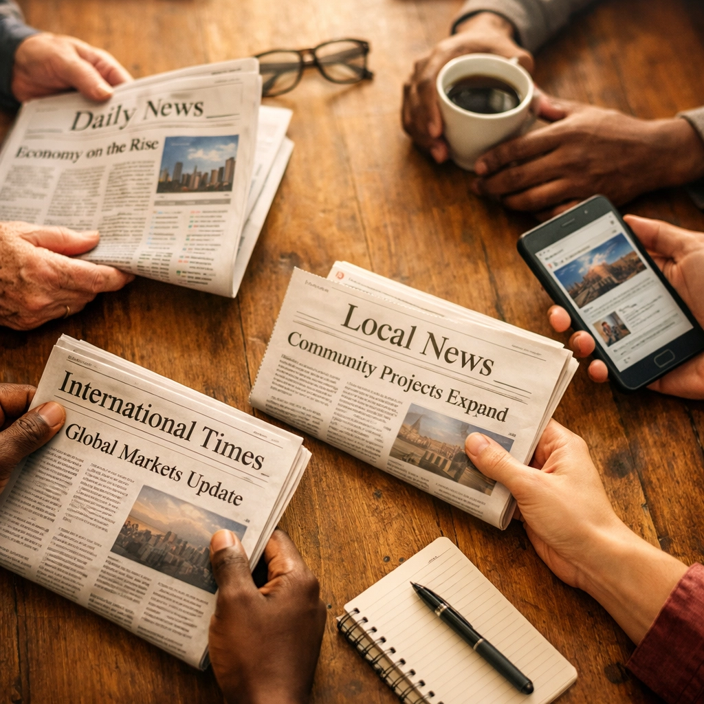 Diverse hands holding newspapers around table showing multiple perspectives in journalism
