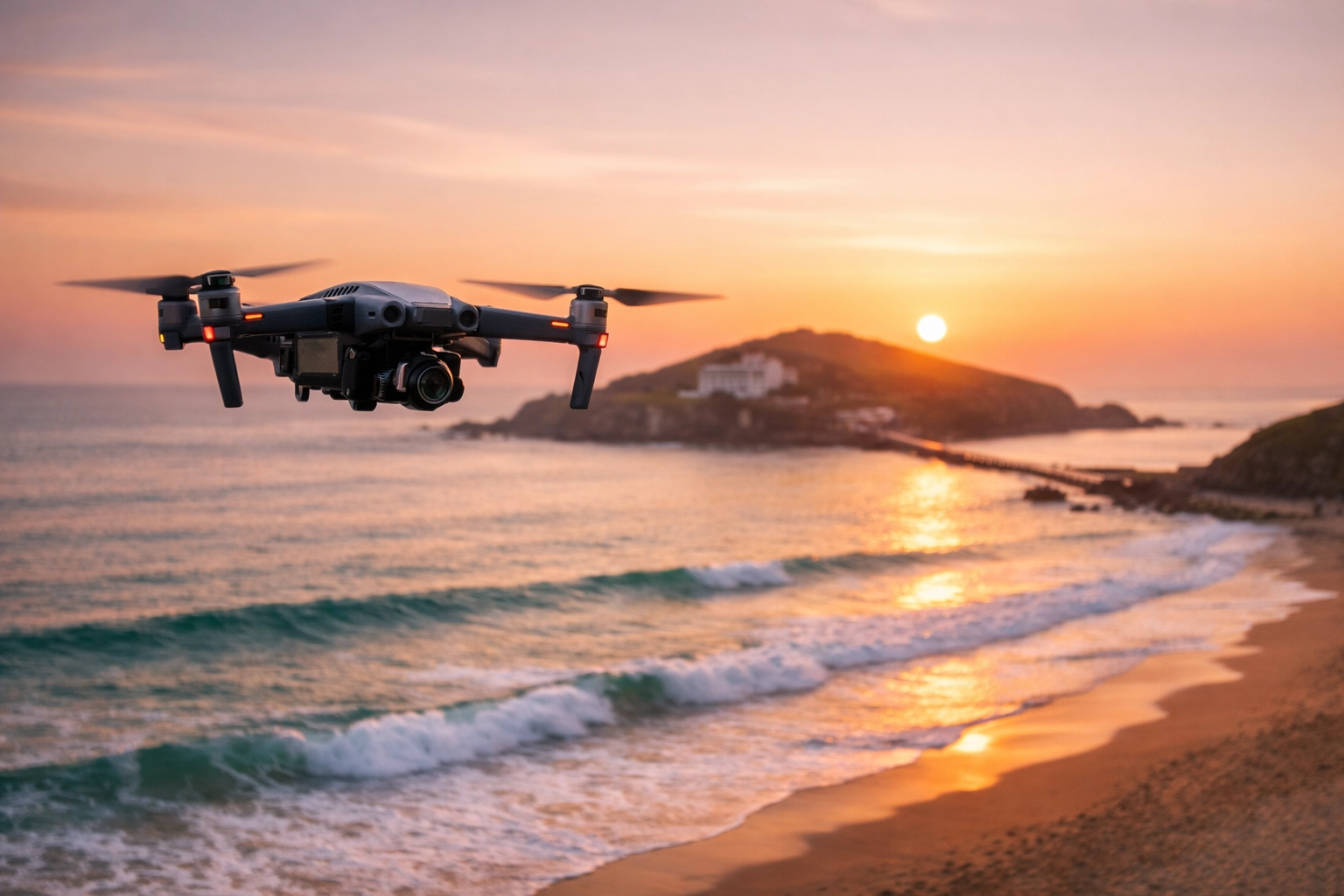 Aerial ashes scattering at Bigbury-on-Sea via drone with a serene sunset over Burgh Island.