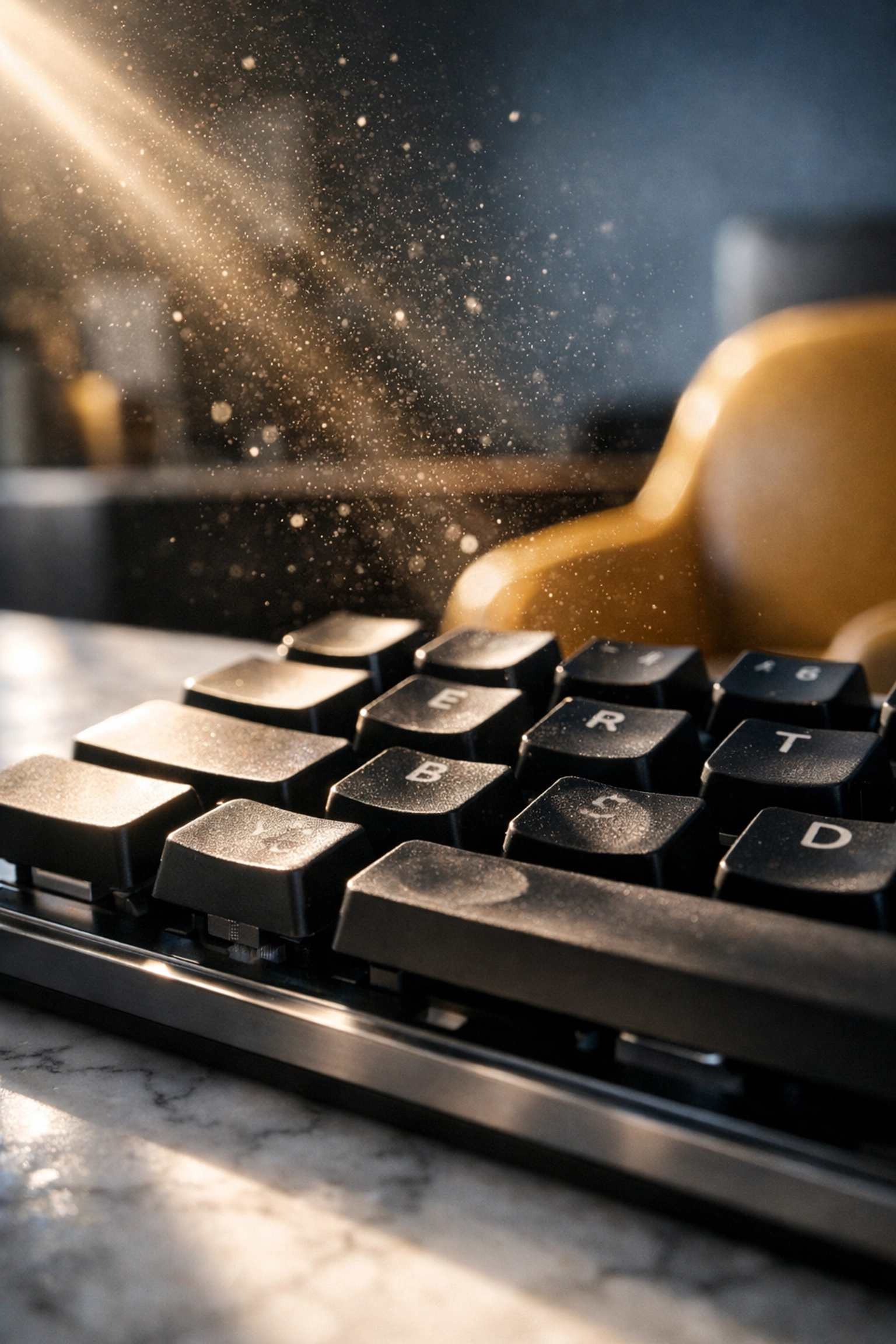 Close-up of a dusty computer keyboard on a marble desk highlighting the need for professional sanitizing.