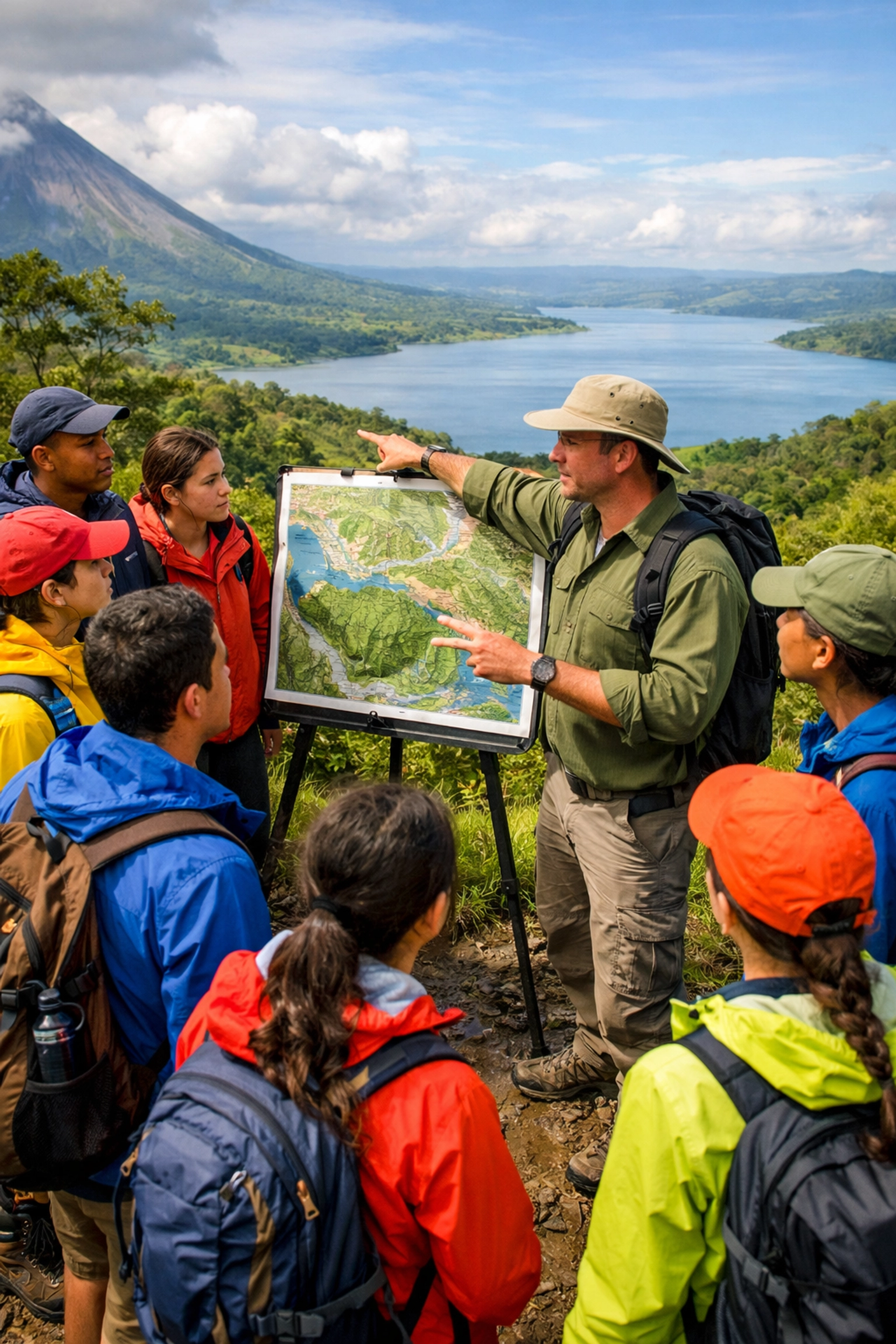 Students and a guide performing a field briefing near Lake Arenal during an educational trip in Costa Rica.