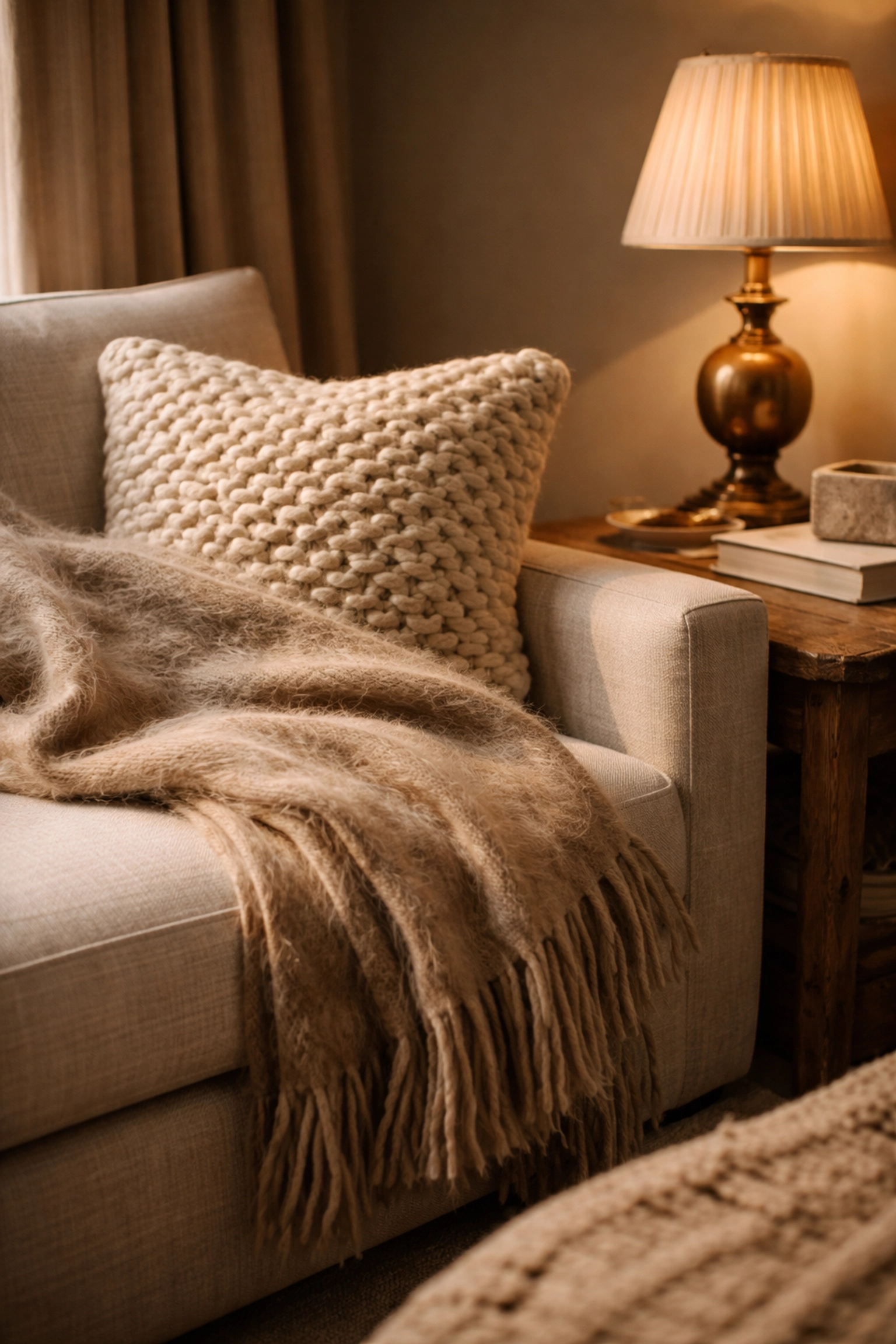 Cozy interior design with warm colors and layered textures for high-value home staging.