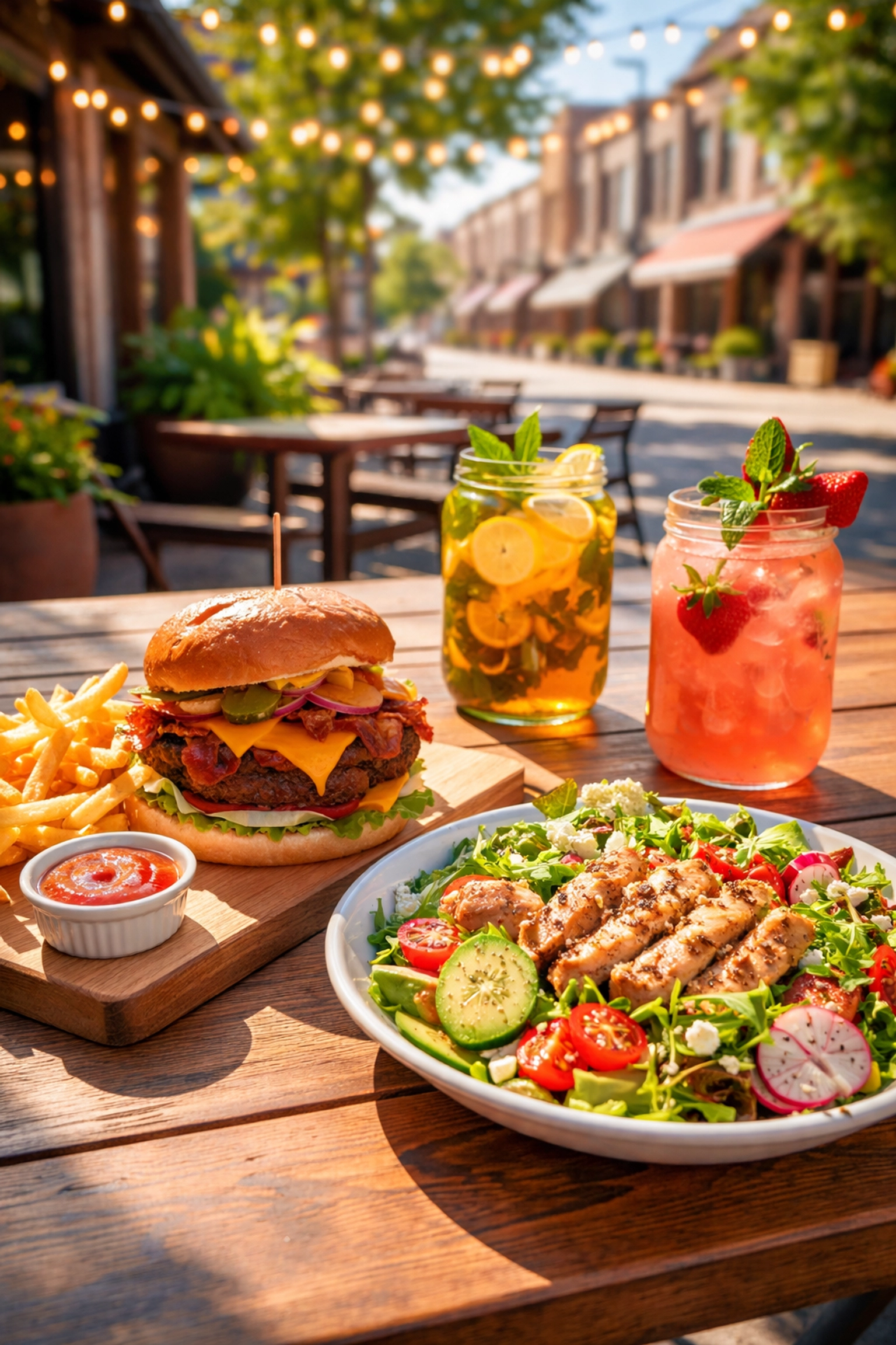 Outdoor dining in Riverside NJ with gourmet burgers, salads, and fries at a casual local restaurant patio.