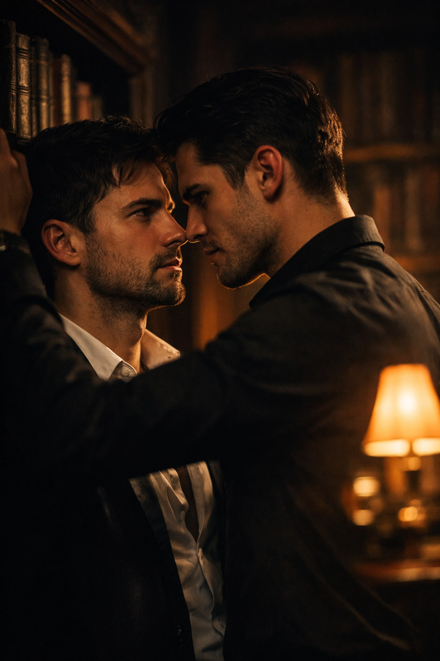 Two men in a library sharing an intense moment, representing popular slow burn MM romance tropes.